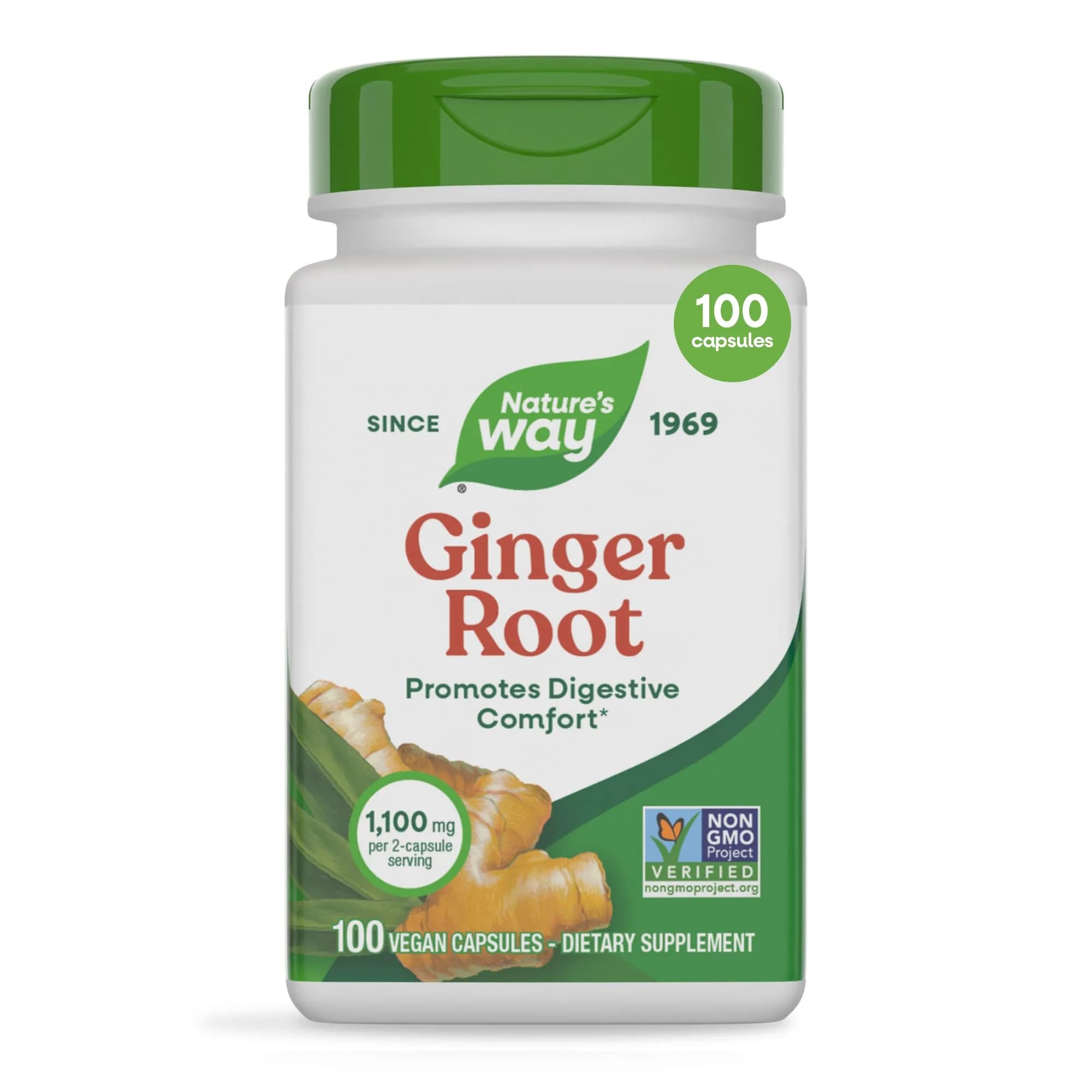 Nature's Way Ginger Root Capsules 1100 mg per Serving, Vegan, 100 Count | Supports Digestive Comfort & Reduces Nausea - main product image