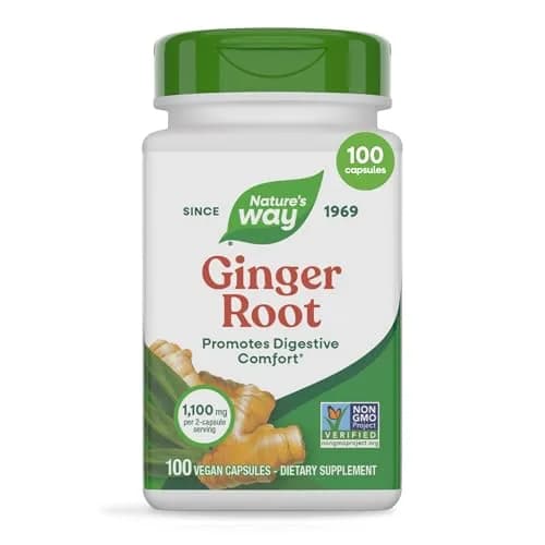 Nature's Way Ginger Root Capsules 1100 mg per Serving, Vegan, 100 Count | Supports Digestive Comfort & Reduces Nausea thumbnail 1