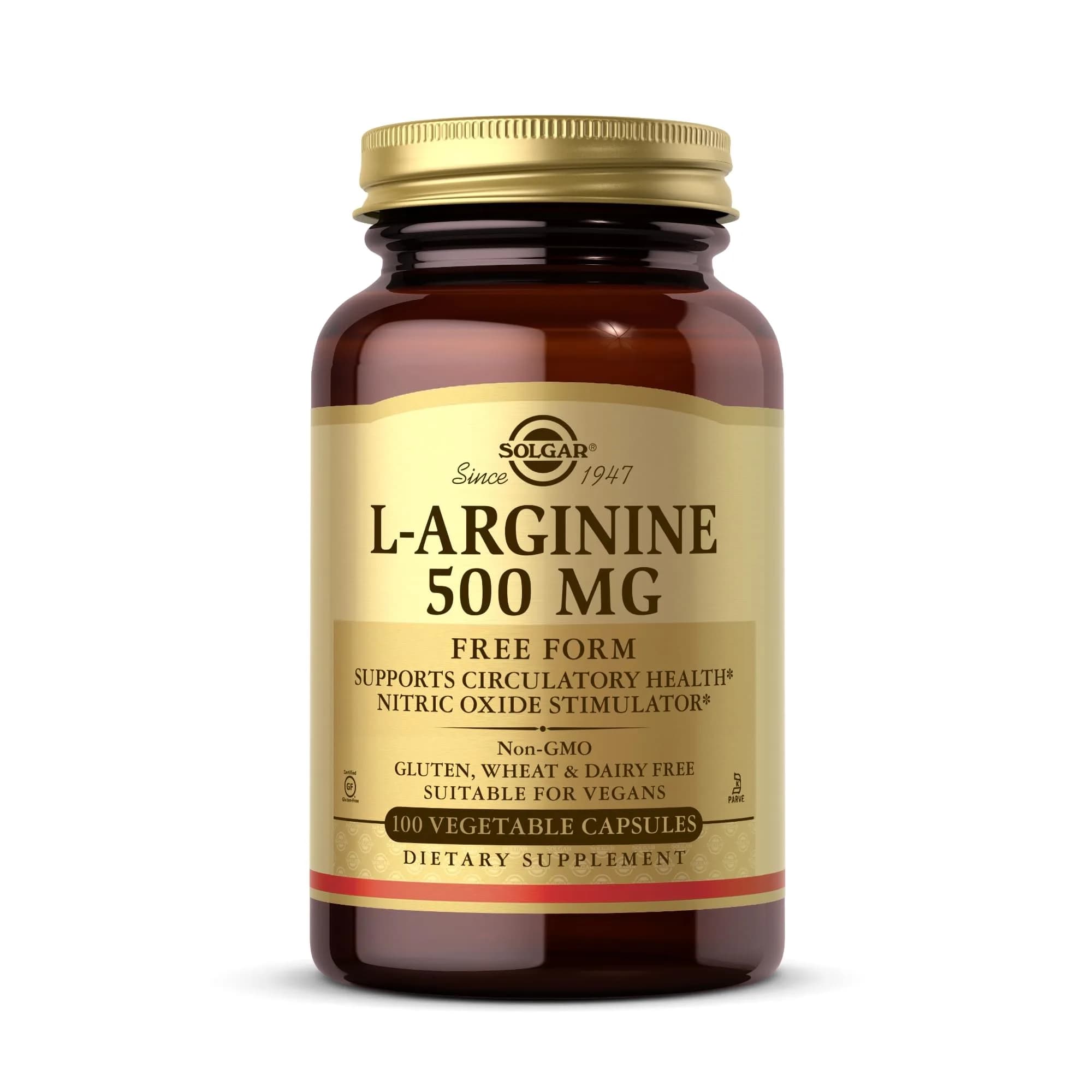 Solgar L-Arginine 500 mg Vegetable Capsules | Nitric Oxide Stimulator for Heart Health (100 Count) — Standard Packaging