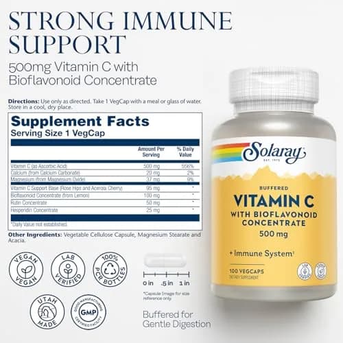 SOLARAY Buffered Vitamin C 500 mg | Vegan, Antioxidant Support, 100 VegCaps thumbnail 2