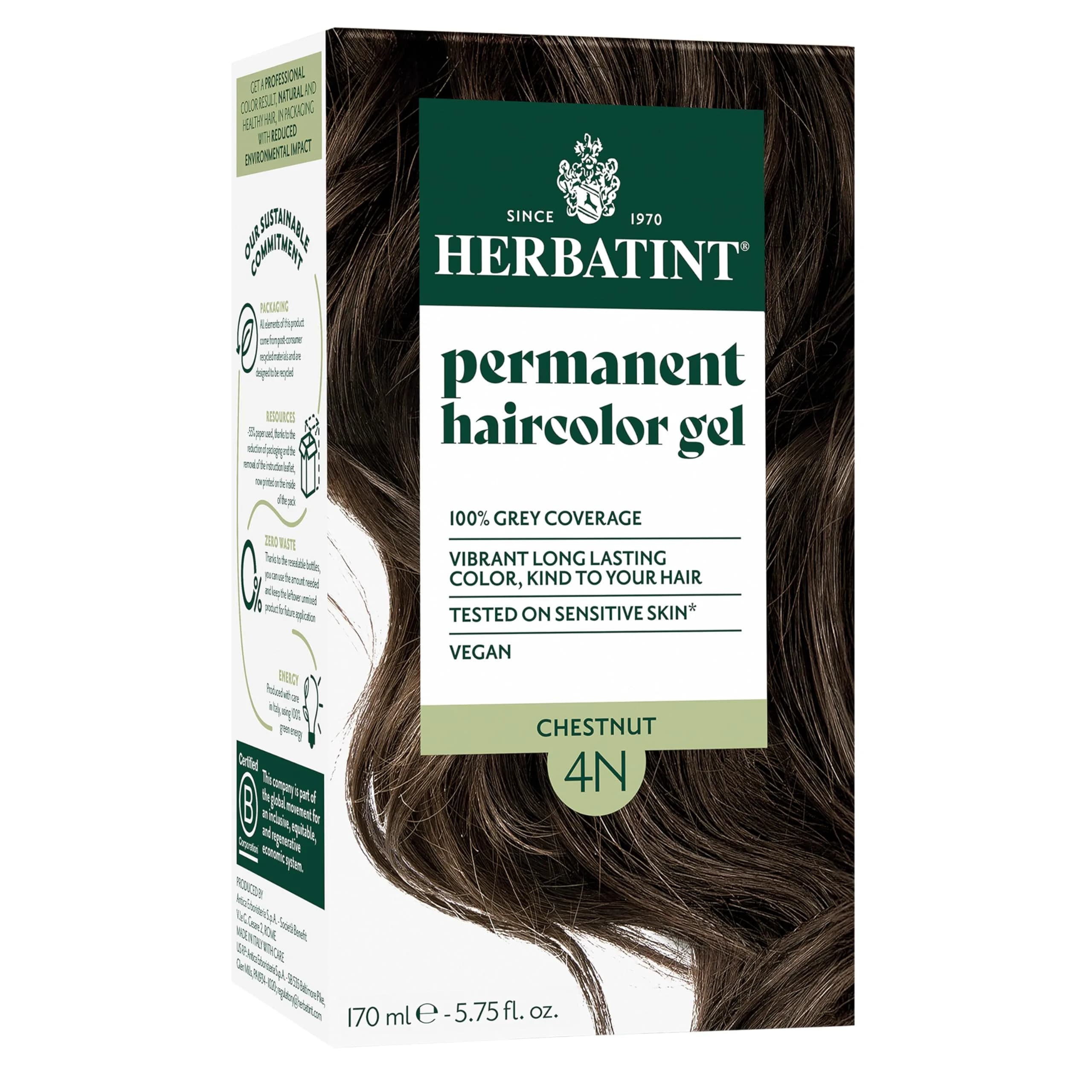 Herbatint Permanent Hair Dye 4N Chestnut | Ammonia-Free, Alcohol-Free & Vegan Hair Color for 100% Gray Coverage - main product image