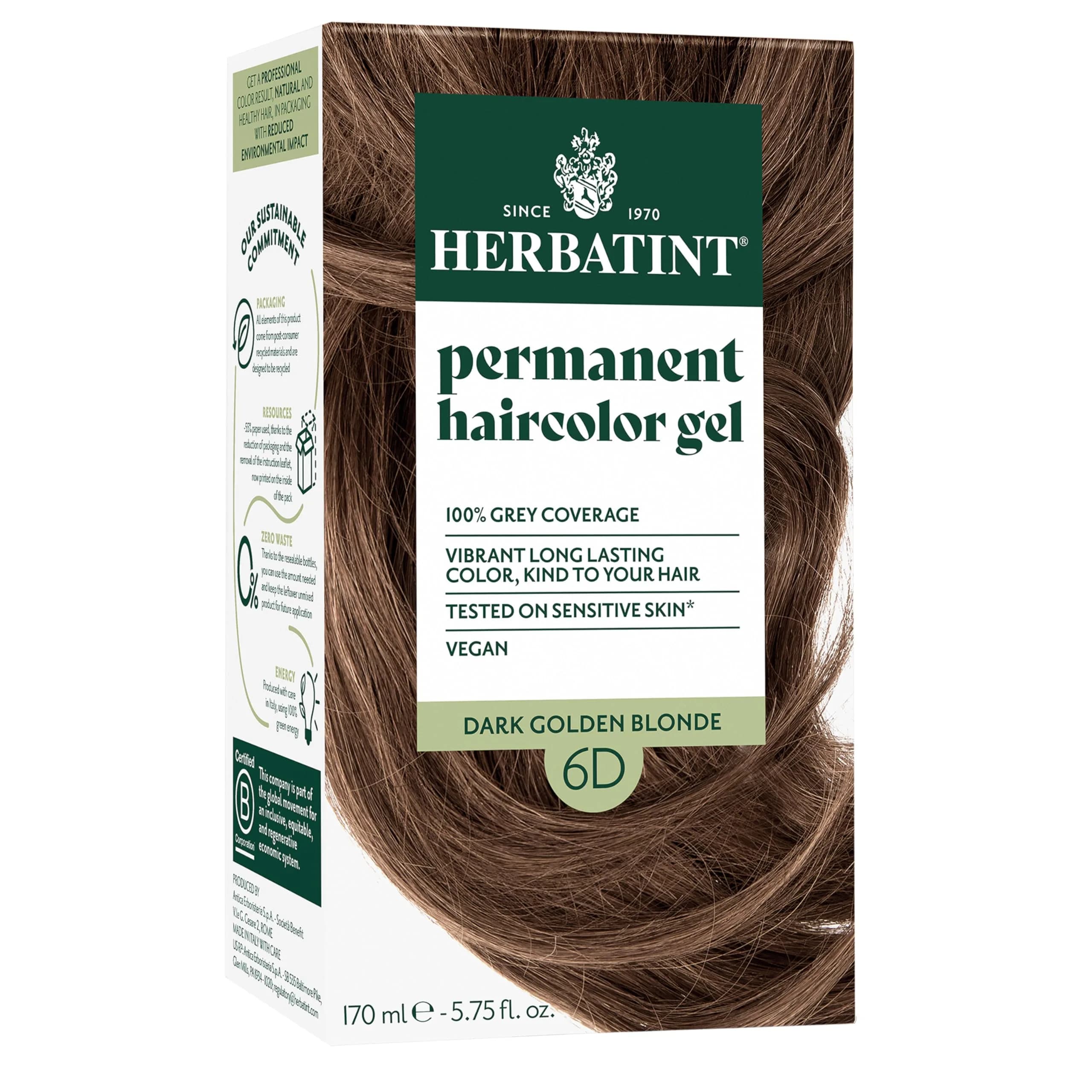 Herbatint 7C Ash Blonde Permanent Hair Dye 166ml (5.75 Fl Oz) | Ammonia-Free, Vegan, Grey Coverage — 6D Dark Golden Blonde / 5.75 Fl Oz