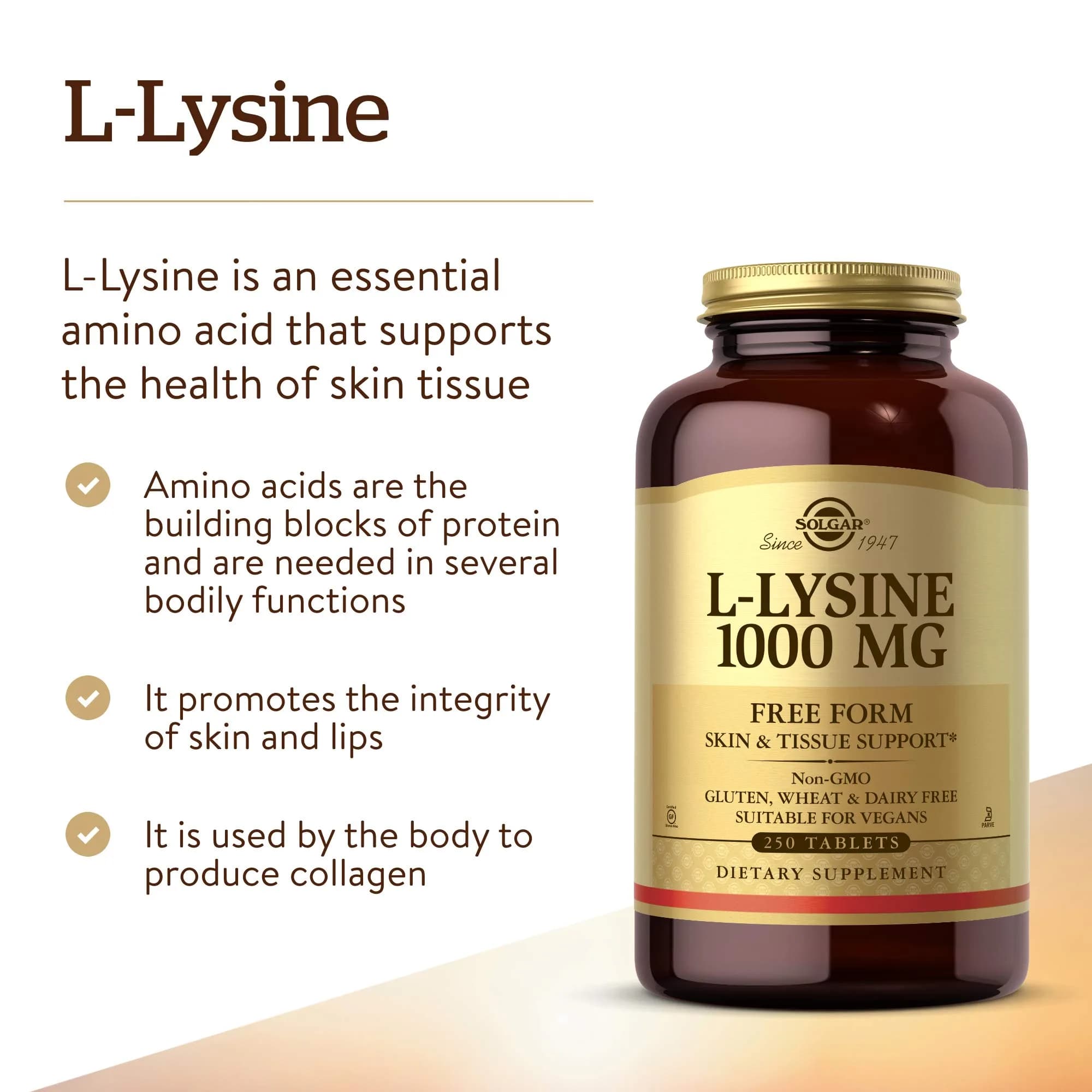 Solgar L-Lysine 1000 mg Tablets | 250 Count (250 Servings) | Essential Amino Acid for Skin & Collagen Support - view 3