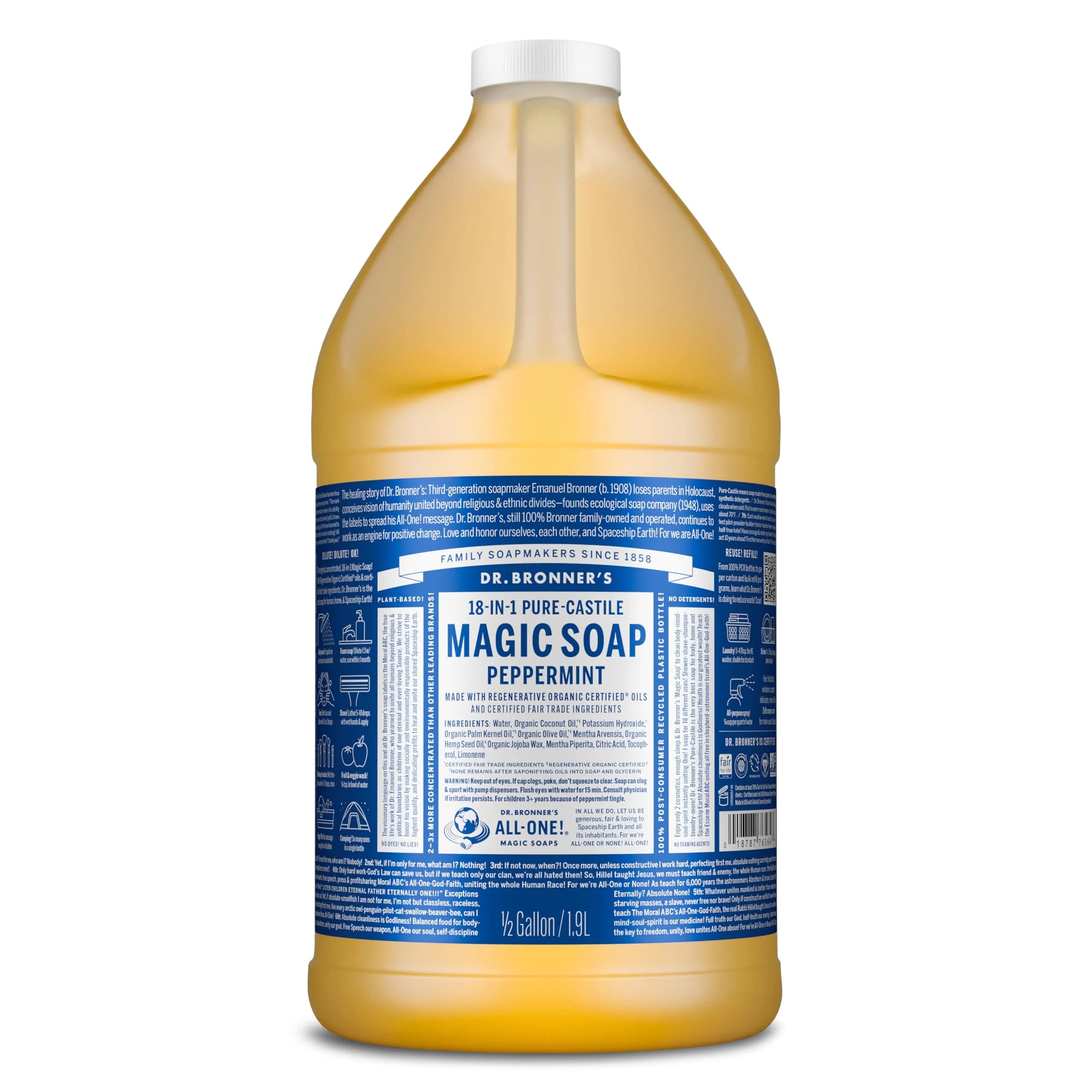 Dr. Bronner's Peppermint Pure-Castile Liquid Soap 1893ml (64 Fl Oz) | Concentrated Multi-Use Cleanser - main product image