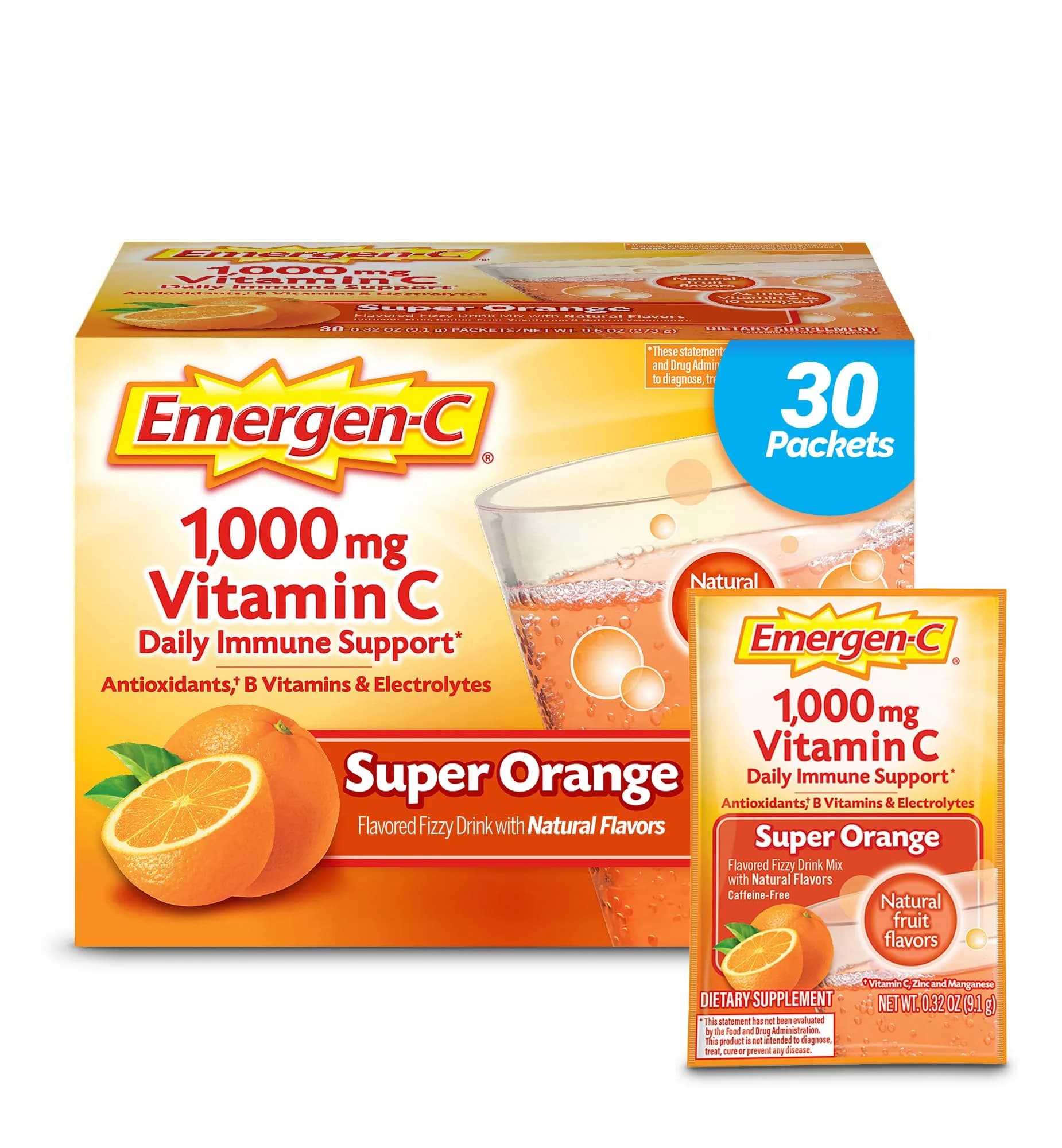 Emergen-C 1000mg Vitamin C Immune Support Powder Tangerine 30 Count | Daily Immune Support with Zinc & B Vitamins — Orange