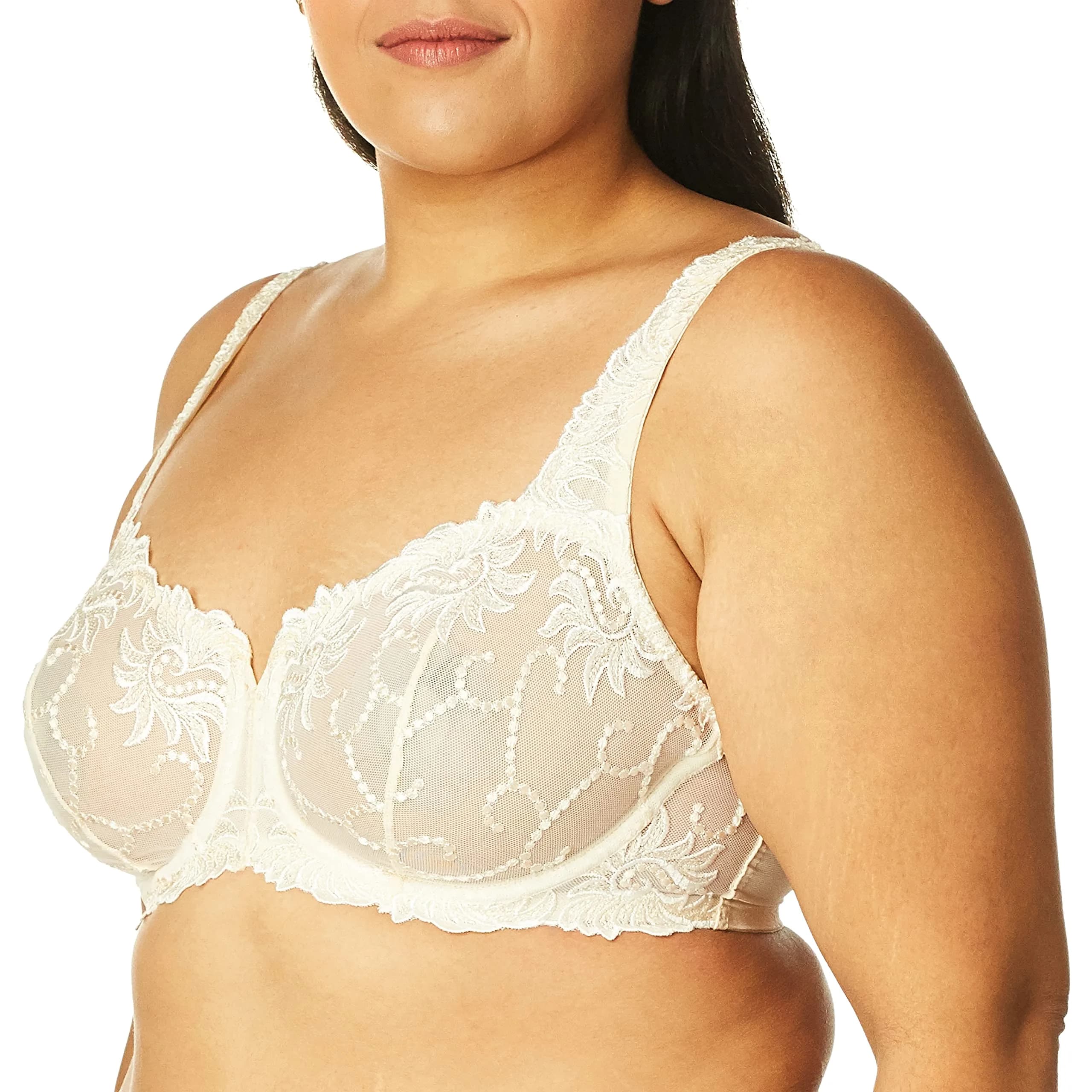 Lunaire Womens Sevilla Scroll Embroidered Semi Demi Underwire Bra, Ivory, 40C | Floral Lace Support