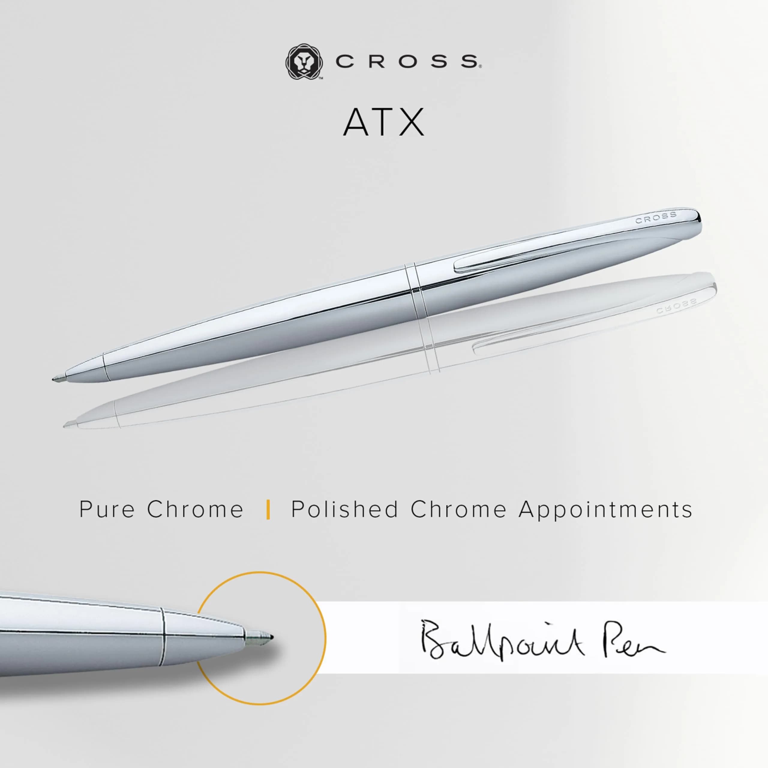 Cross ATX Pure Chrome Ballpoint Pen, Medium Point, Black Ink (0.7mm) | Smooth Writing, Professional Design - view 2