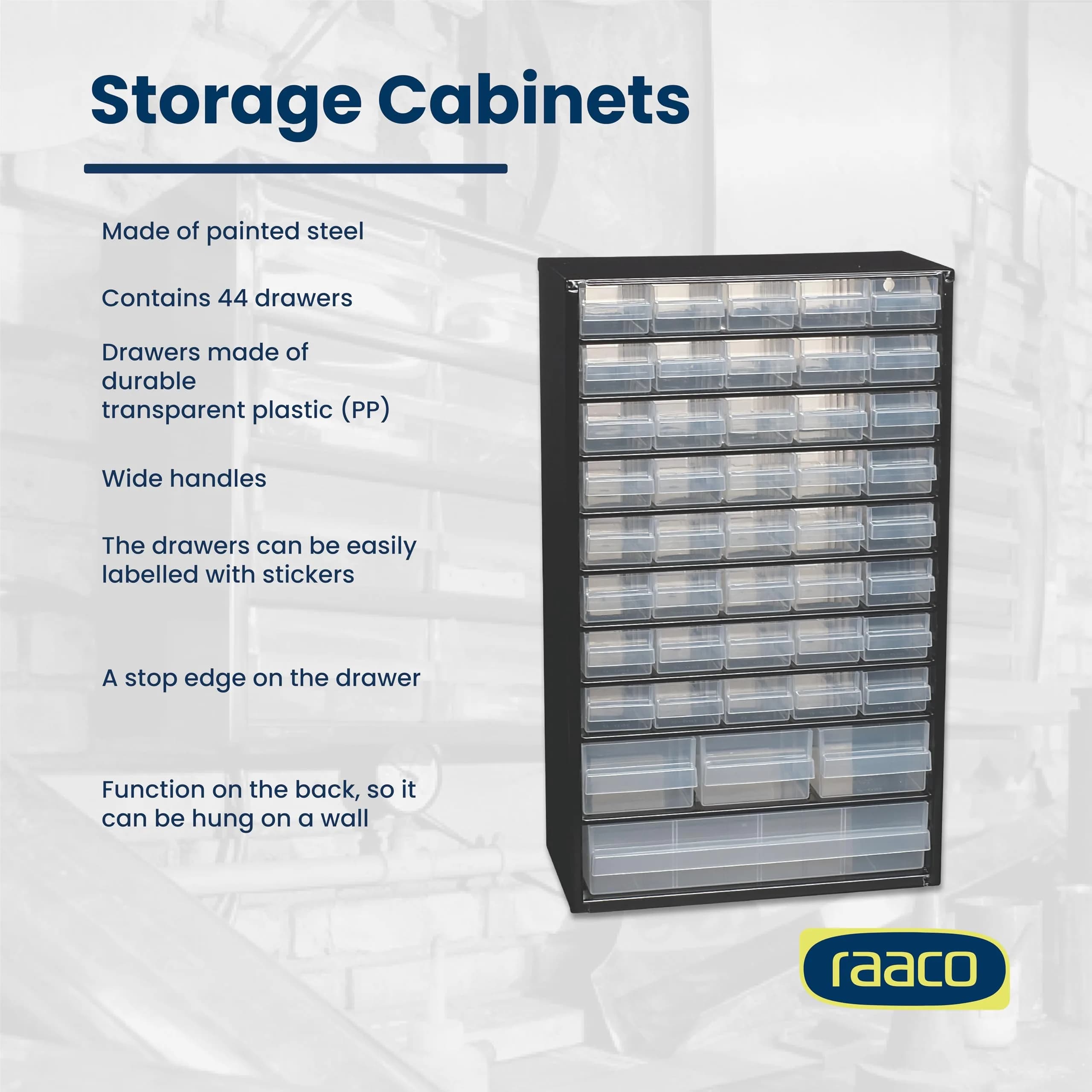 Raaco Steel Storage Cabinet, Compact 16-Drawer | Space-Saving Tool Organizer for Workshop & Garage — Tall-44D / Steel Cabinets thumbnail 4