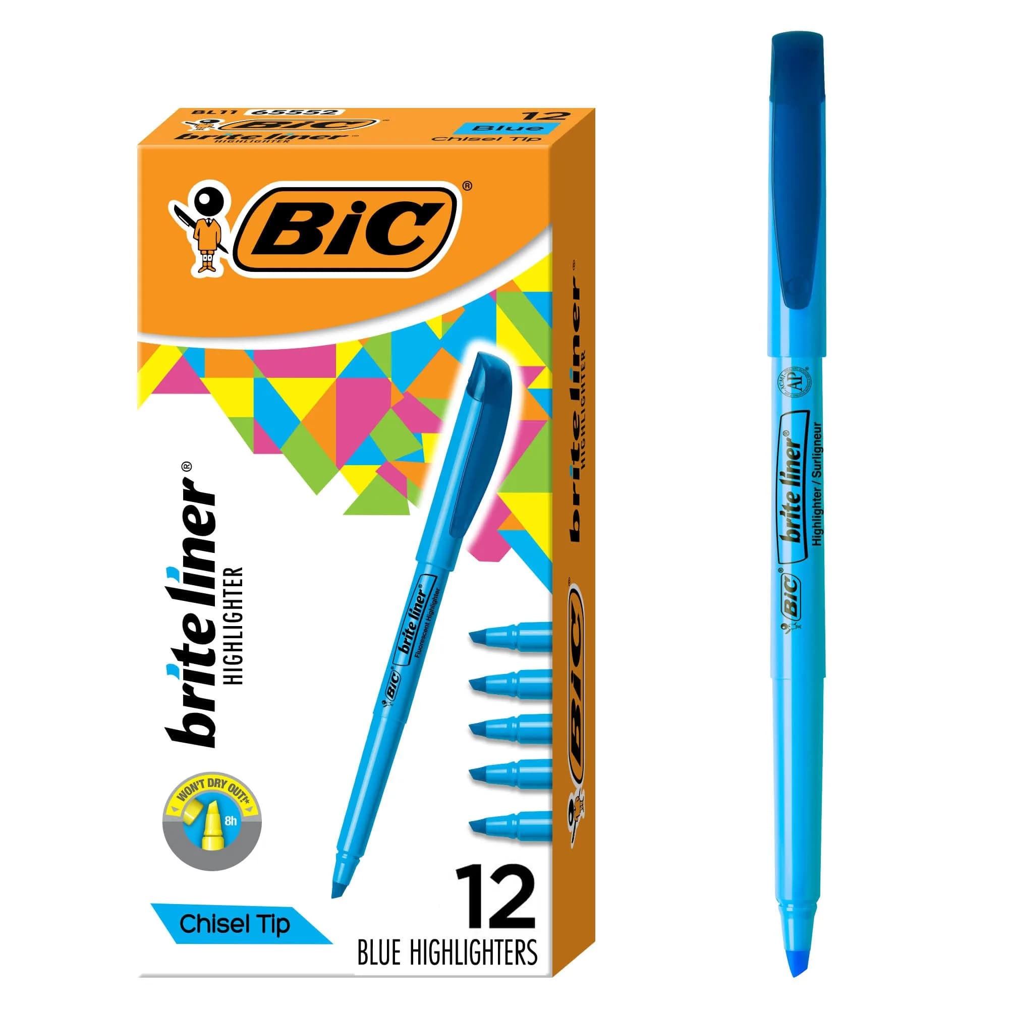 BIC Brite Liner Chisel Tip Highlighters, 12-Count Blue Pack | Smooth Ink Flow for Organizing and Coloring - main product image