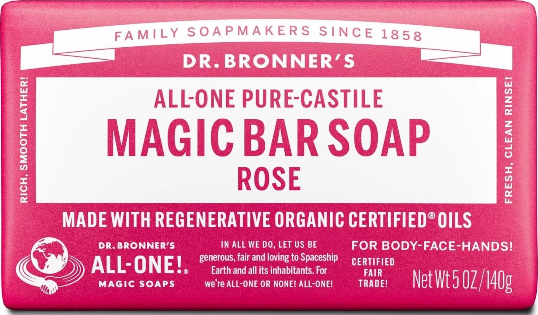 Dr. Bronner's Pure-Castile Bar Soap Rose 142g (5 Oz) | Gentle Moisturizing Vegan Soap - main product image