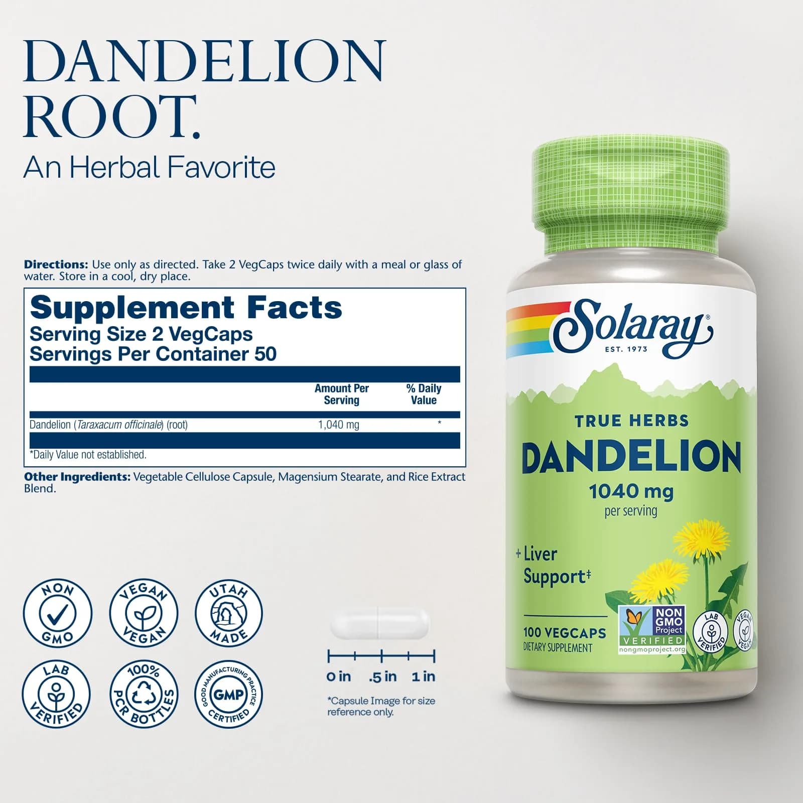 SOLARAY Dandelion Root Supplement 100 Count (Pack of 1) | Kidney & Liver Support - view 2