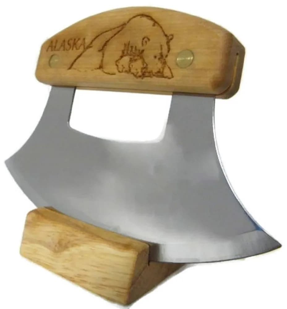 The ULU Factory Alaskan Ulu Knife 6" (15.24 cm) with Birch Handle & Stand | Traditional Forged Blade — Silver, Golden
