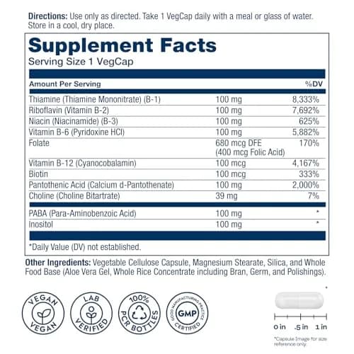 SOLARAY Vitamin B Complex 100mg | Vegan Capsules for Energy & Nerve Support (50 VegCaps) thumbnail 2