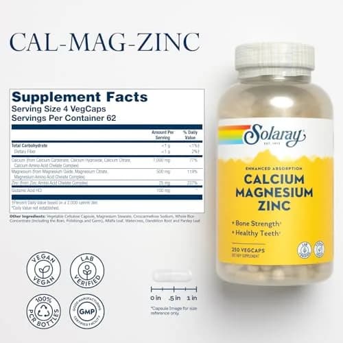 SOLARAY Calcium Magnesium Zinc Supplement - 1000mg Calcium, 500mg Magnesium, 25mg Zinc | Bone & Heart Support thumbnail 2
