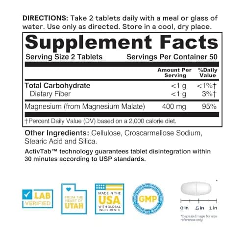 Nature's Life Magnesium Malate 400 mg | Bioavailable Mineral Complex for Bones, Muscles & Heart Support thumbnail 2