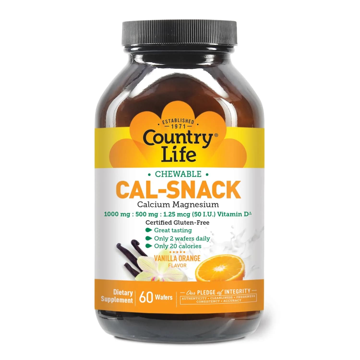 Country Life Cal-Snack Calcium Magnesium with Vitamin D, 60 Wafers | Gluten-Free Vegan Supplement for Adults — Chewable