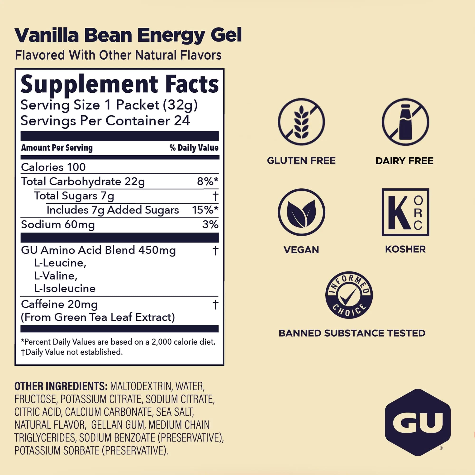 GU Energy Original Sports Nutrition Energy Gel Vanilla Bean 24 Count (1.5 lb / 680 g) | Dual Source Energy for Athletes - view 3