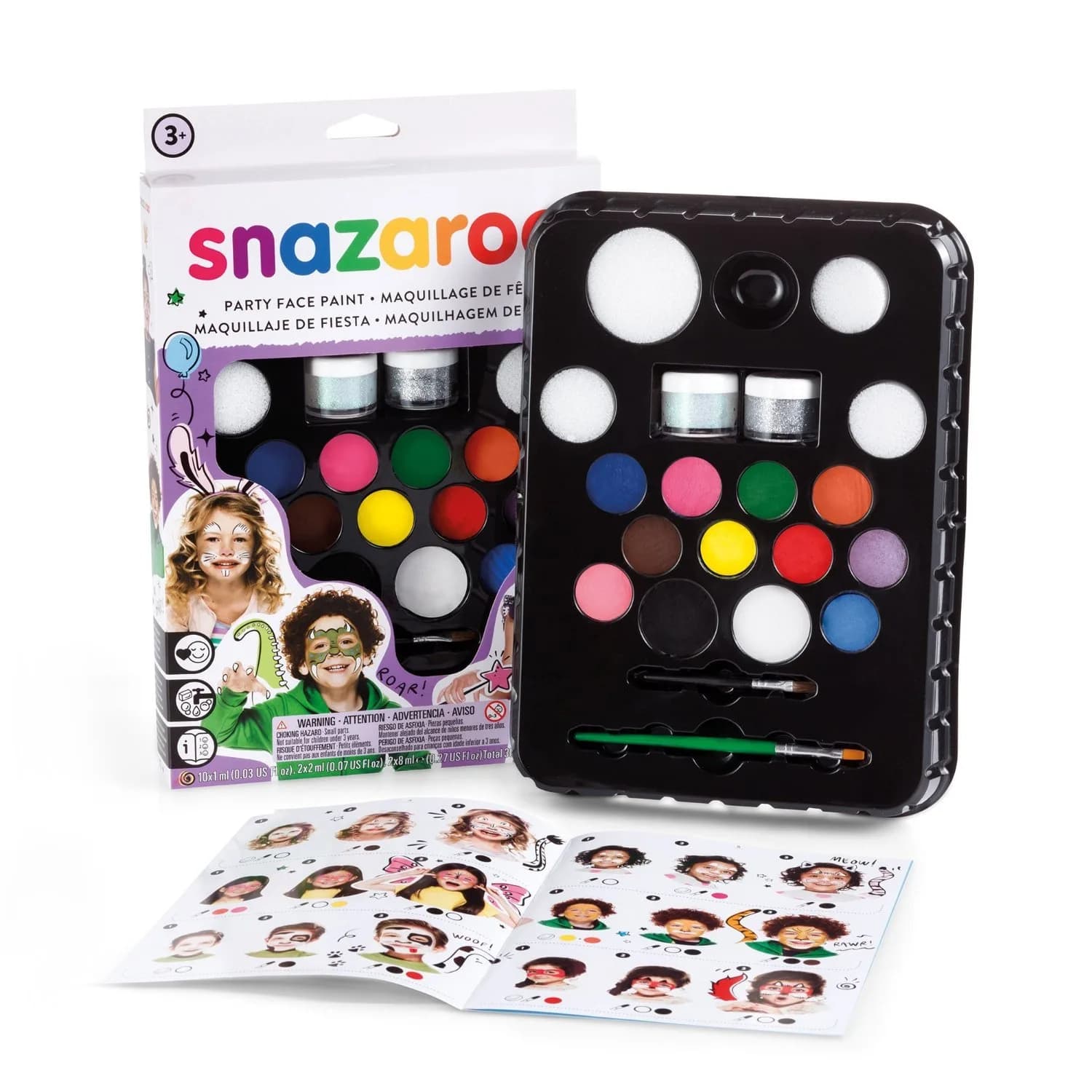 Snazaroo Face Paint Kit Ultimate Party Pack 12-Color Palette with Brush Sponge Bio-Glitter & Guide - Non-Toxic Water-Based Easy Application