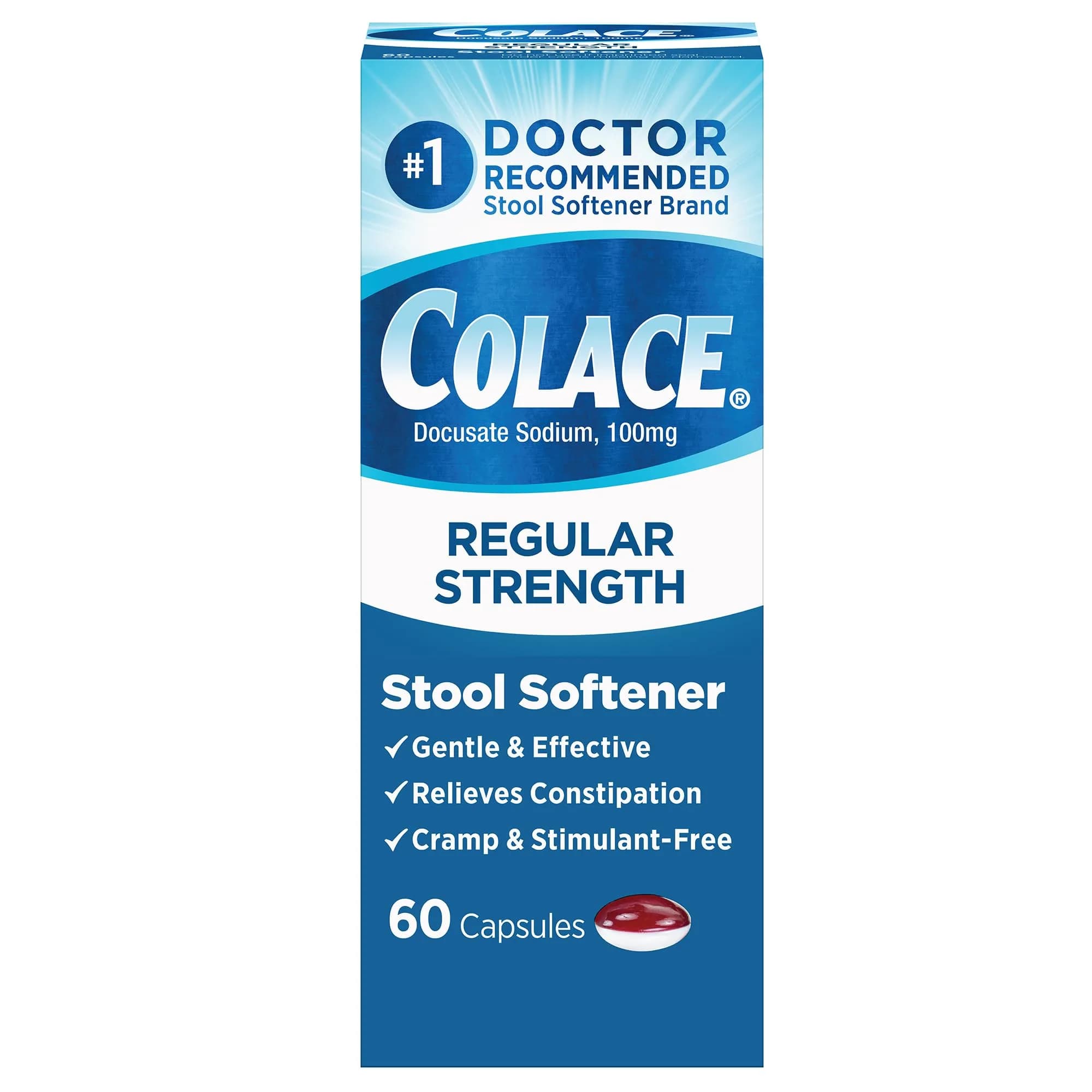 Colace Regular Strength Stool Softener Capsules 100 mg (60 Count) | Gentle Constipation Relief for Adults & Postpartum - main product image