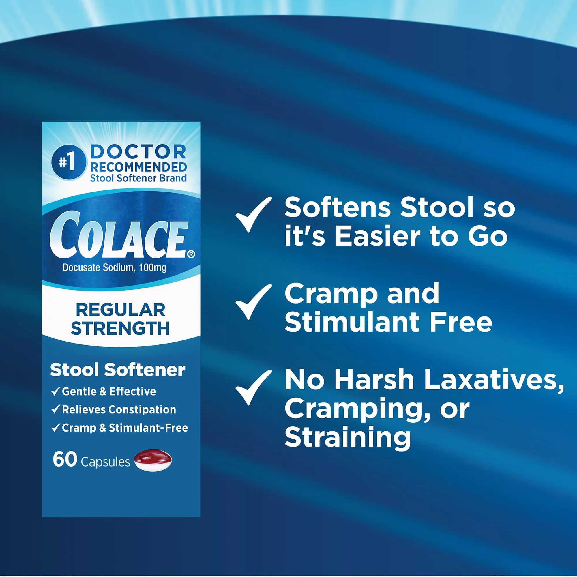 Colace Regular Strength Stool Softener Capsules 100 mg (60 Count) | Gentle Constipation Relief for Adults & Postpartum - view 5