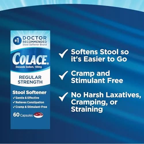 Colace Regular Strength Stool Softener Capsules 100 mg (60 Count) | Gentle Constipation Relief for Adults & Postpartum thumbnail 5