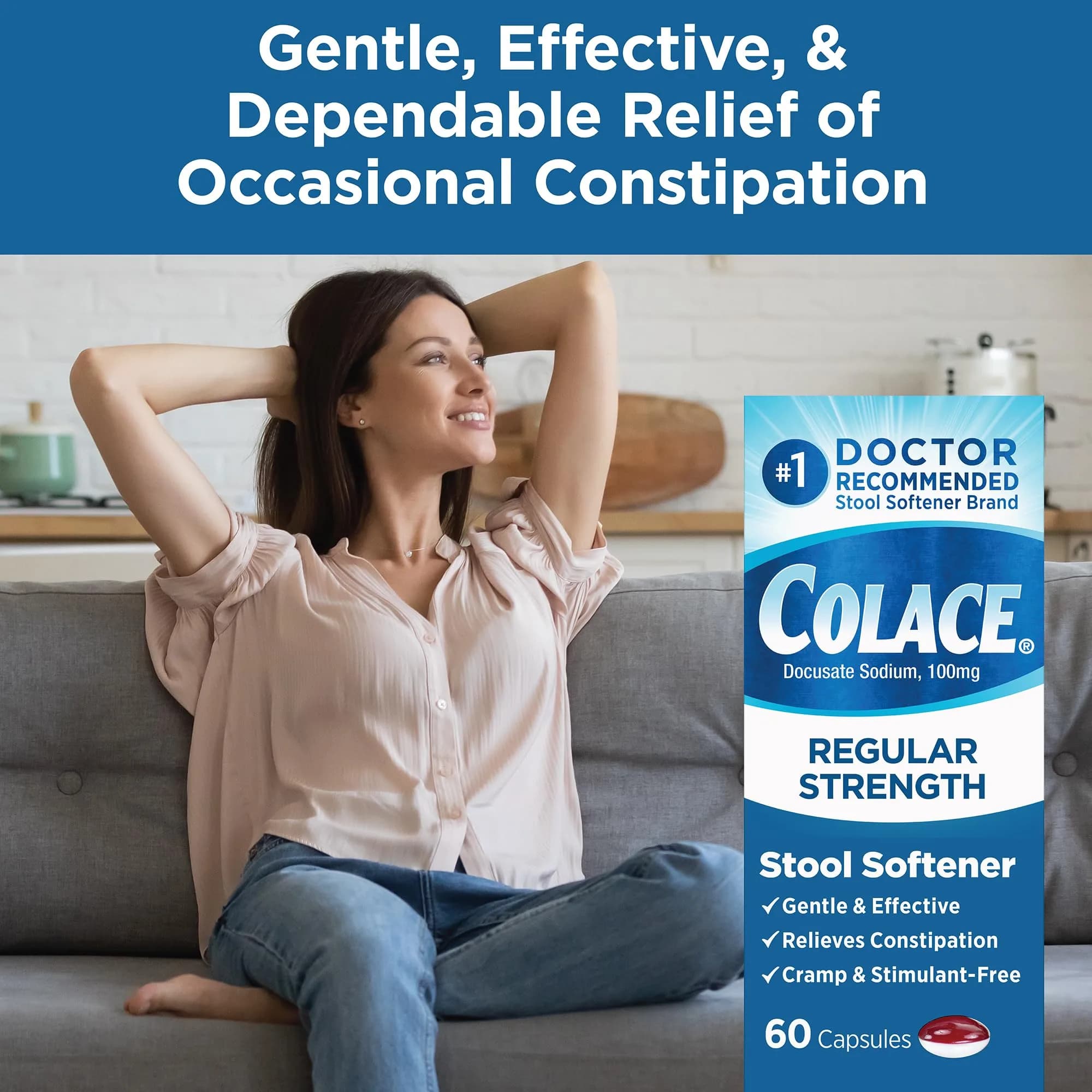 Colace Regular Strength Stool Softener Capsules 100 mg (60 Count) | Gentle Constipation Relief for Adults & Postpartum - view 3