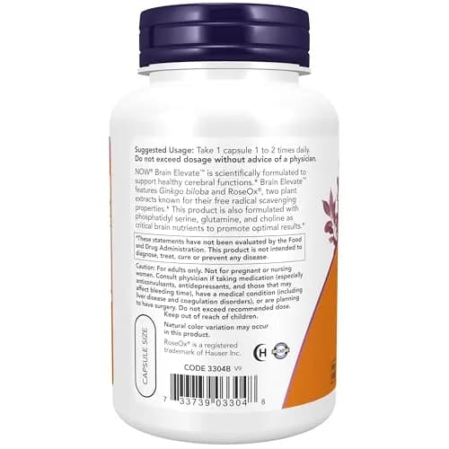 NOW Brain Elevate™ Ginkgo Biloba & RoseOx® 120 Veg Caps | Supports Healthy Cerebral Functions thumbnail 3