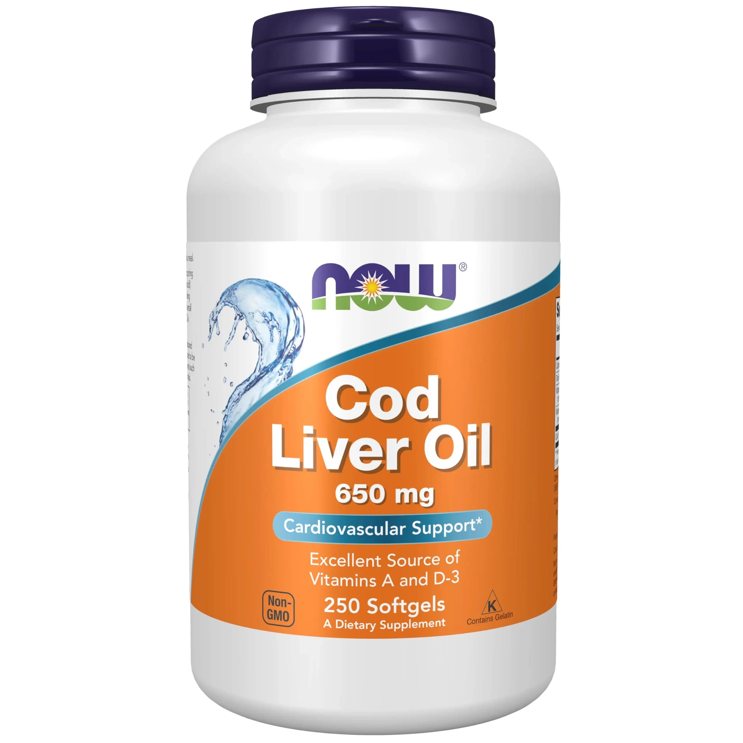 NOW Foods Cod Liver Oil 650 mg, 250 Softgels | Excellent Source of Vitamins A & D-3 - main product image