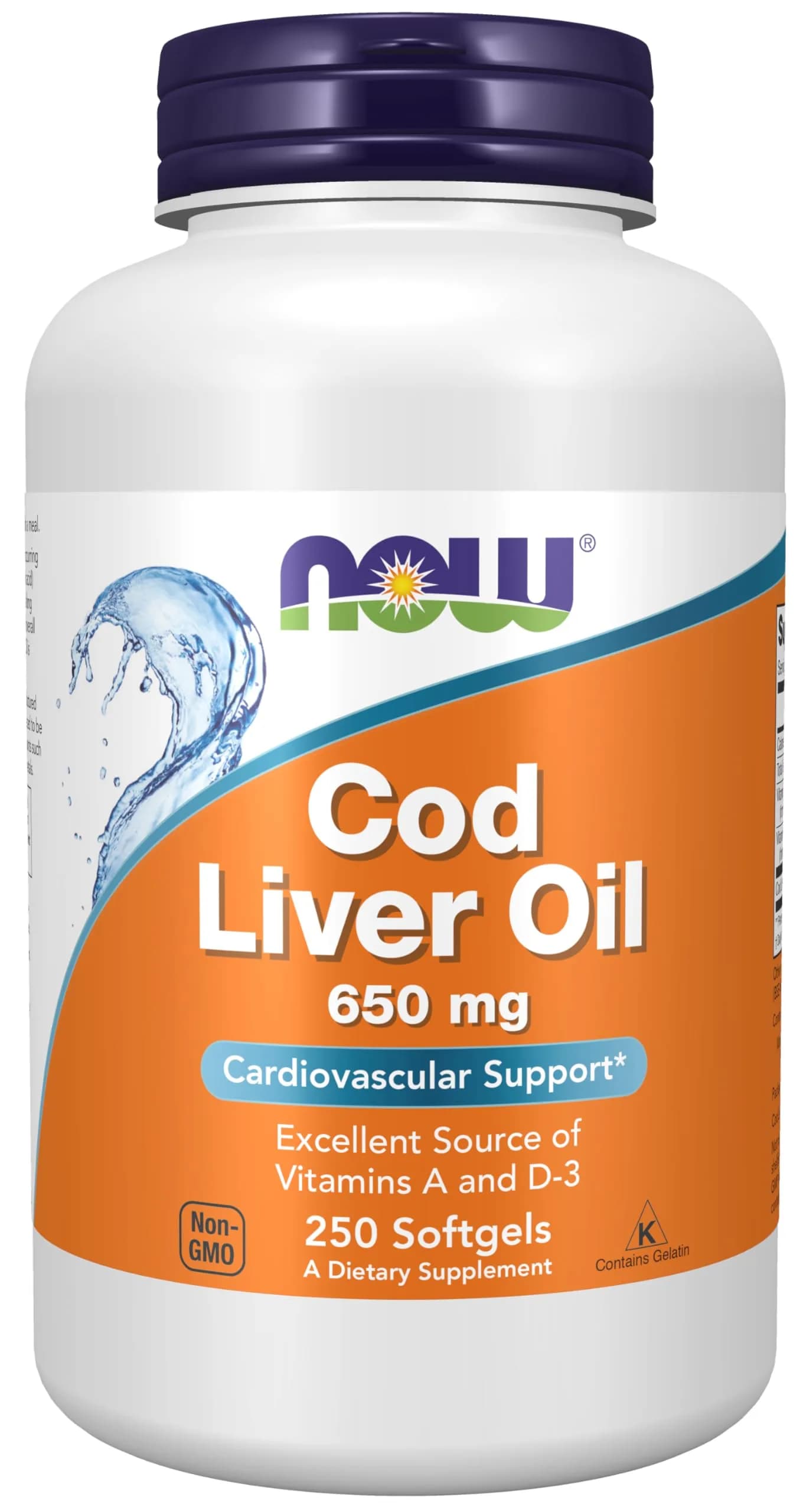 NOW Foods Cod Liver Oil 650 mg, 250 Softgels | Excellent Source of Vitamins A & D-3 - main product image