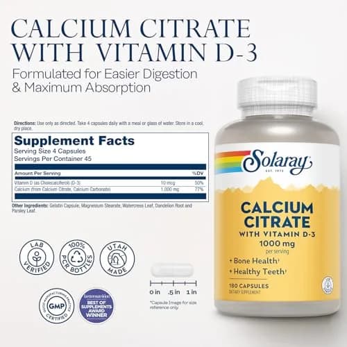 SOLARAY Calcium Citrate with Vitamin D3 1000 mg | Supports Bones & Teeth, Cardiovascular & Nerve Health thumbnail 2