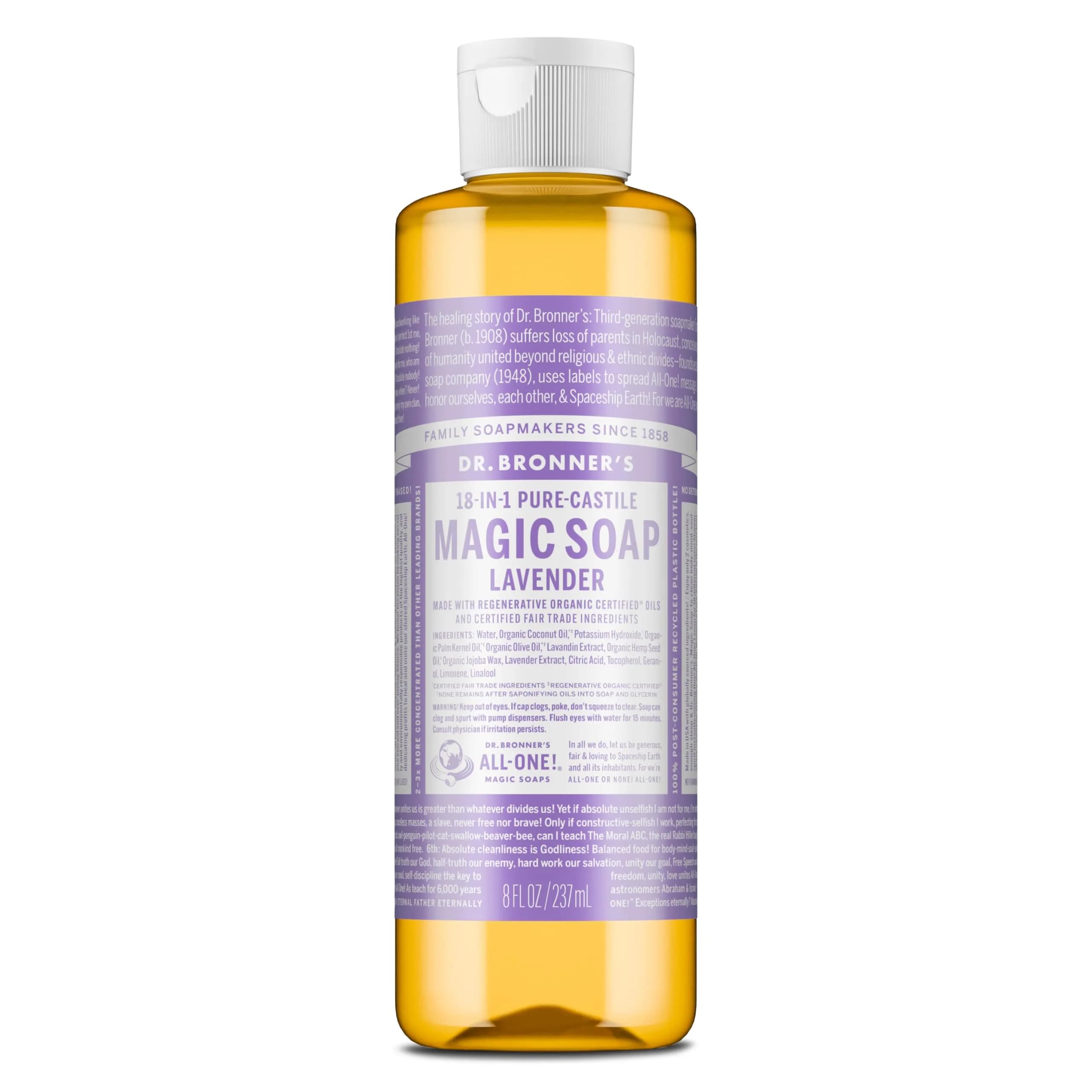 Dr. Bronner's Pure-Castile Liquid Soap Lavender 236ml (8 Fl Oz) | Gentle Face, Body, Baby & Sensitive Skin Cleanser