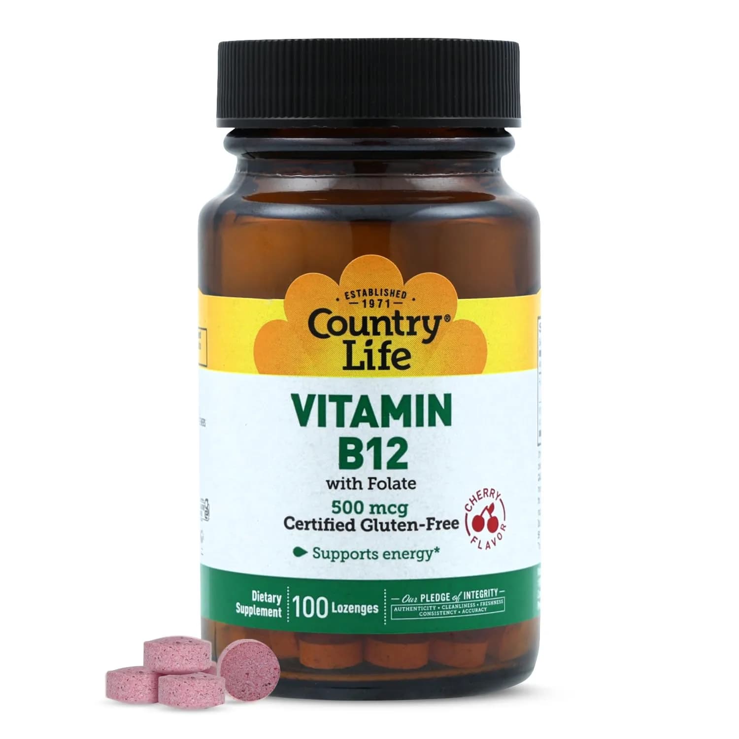 Country Life Vitamin B12 with Folate 500mcg | Supports Energy & Red Blood Cell Production (100 Lozenges) — Lozenge