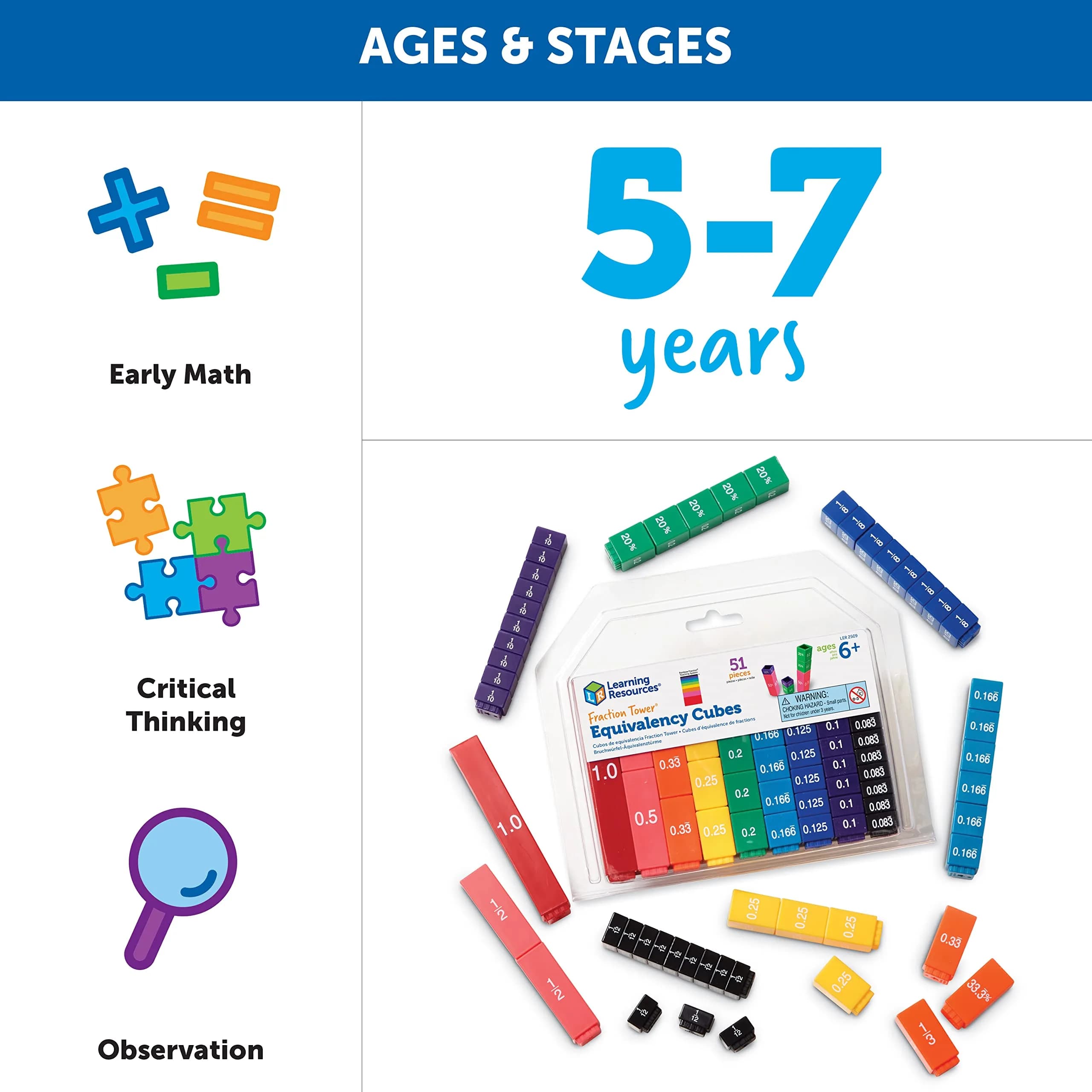 Learning Resources Fraction Tower Equivalency Cubes Set of 51 | Educational Math Manipulatives for Kids Ages 6+ - view 5