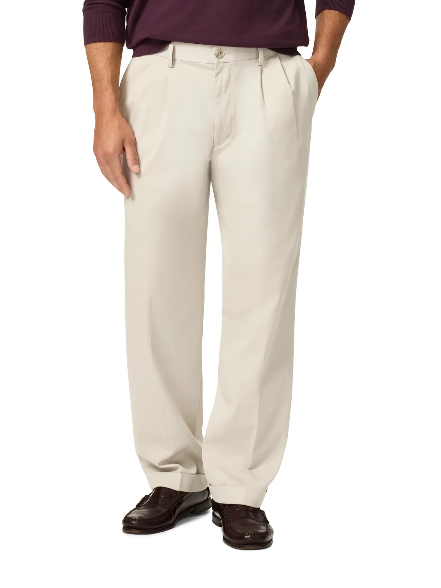 Dockers Men's Relaxed Fit Comfort Khaki Pants - Pleated, Porcelain Khaki, 36W x 30L | Wrinkle-Resistant, Stretch Comfort — Porcelain Khaki (Stretch)