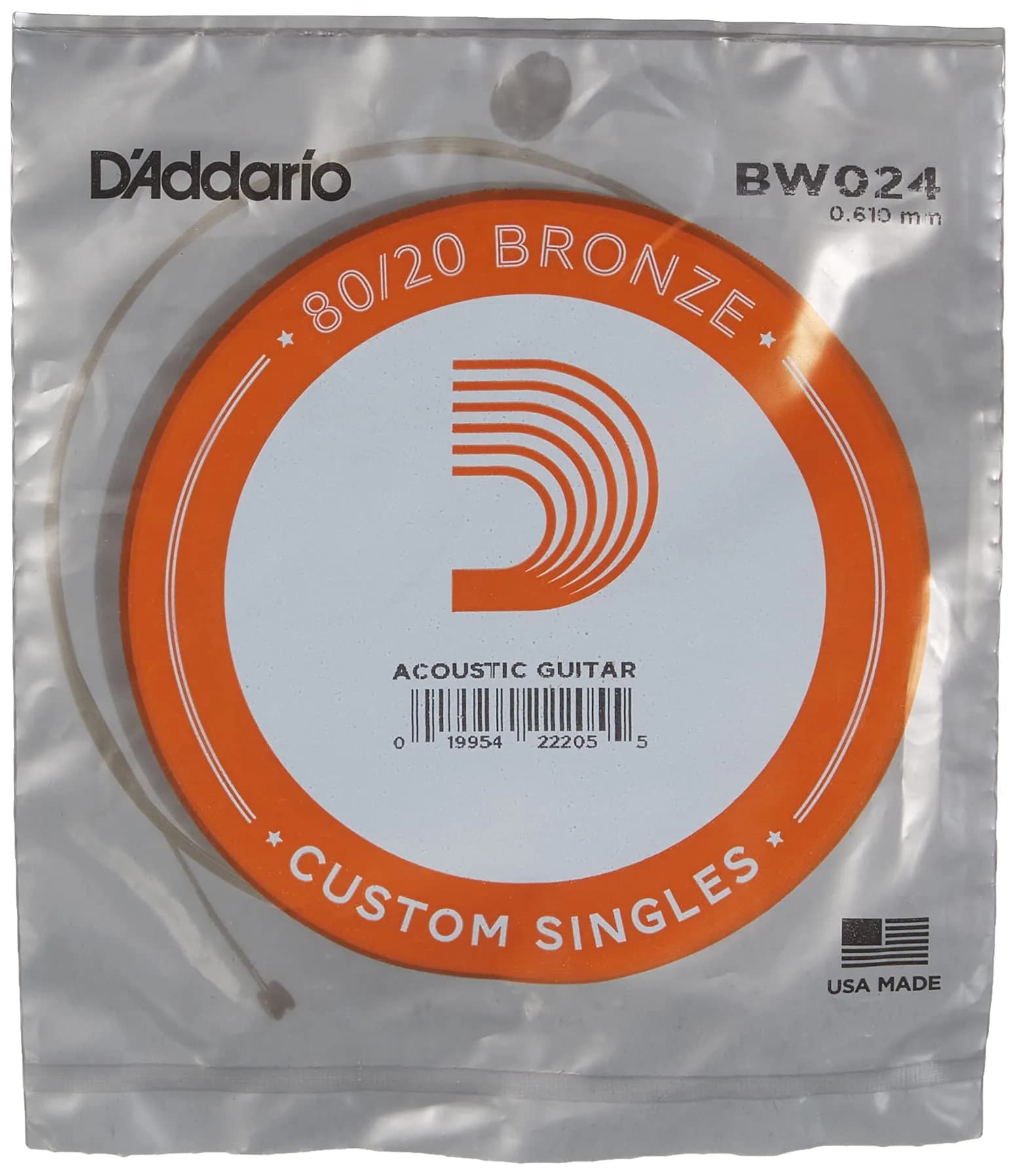 D'Addario BW024 Bronze Wound Acoustic Guitar Single String, .024 Gauge — .024 gauge
