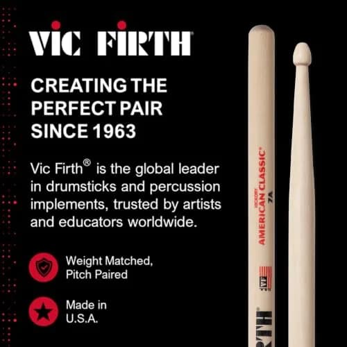 Vic Firth American Classic 7A Drumsticks | Hickory Wood, Nylon Tip Pair (39.37 cm / 15.5 in) thumbnail 8