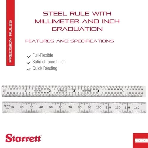 Starrett Full Flexible Steel Rule, 5-3/4" Length, 0.4mm Thickness | Precision Steel Measuring Tool thumbnail 2