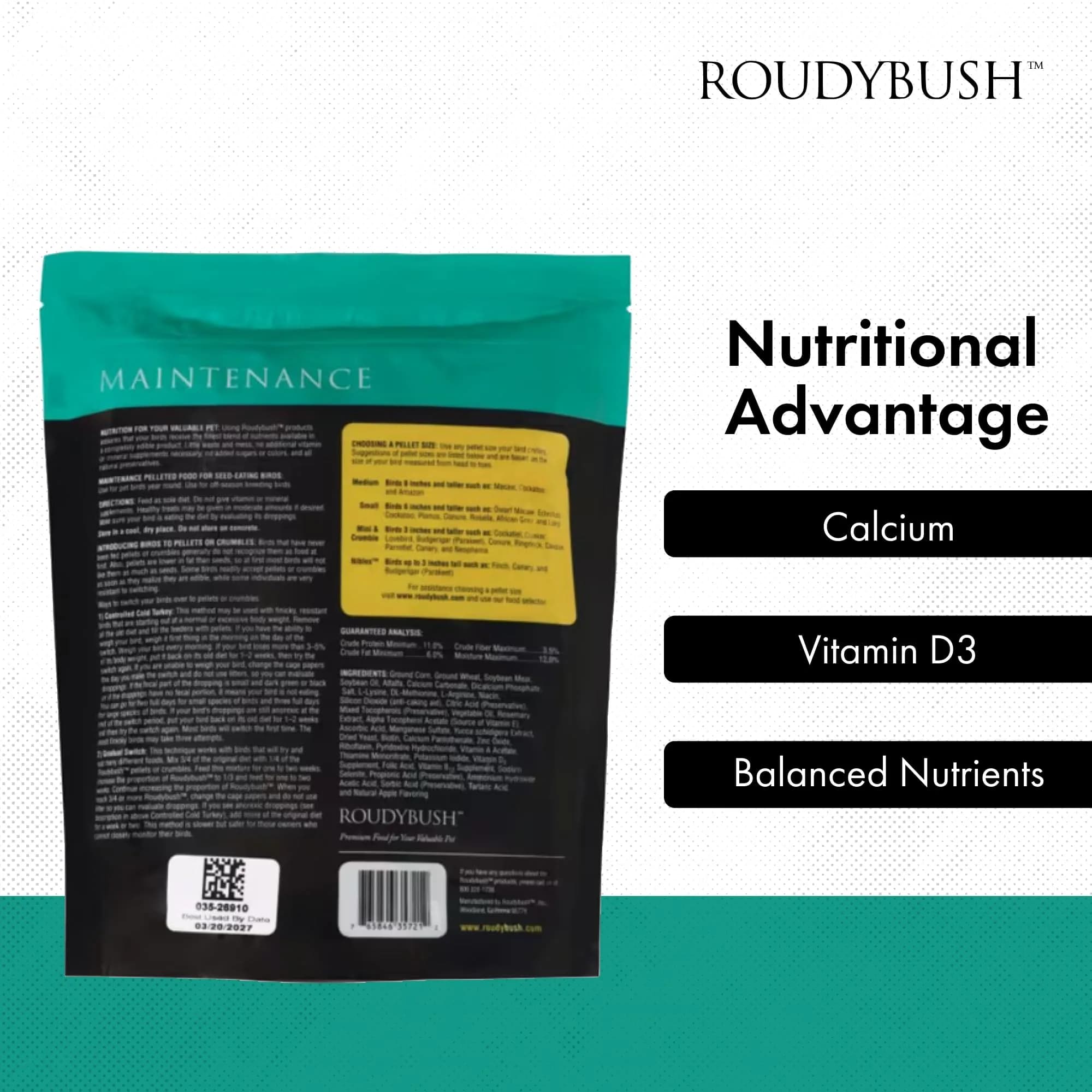 RoudyBush Daily Maintenance Bird Food Small Pellets 1.25 kg (44 oz) | Scientifically Formulated Nutrition - view 5