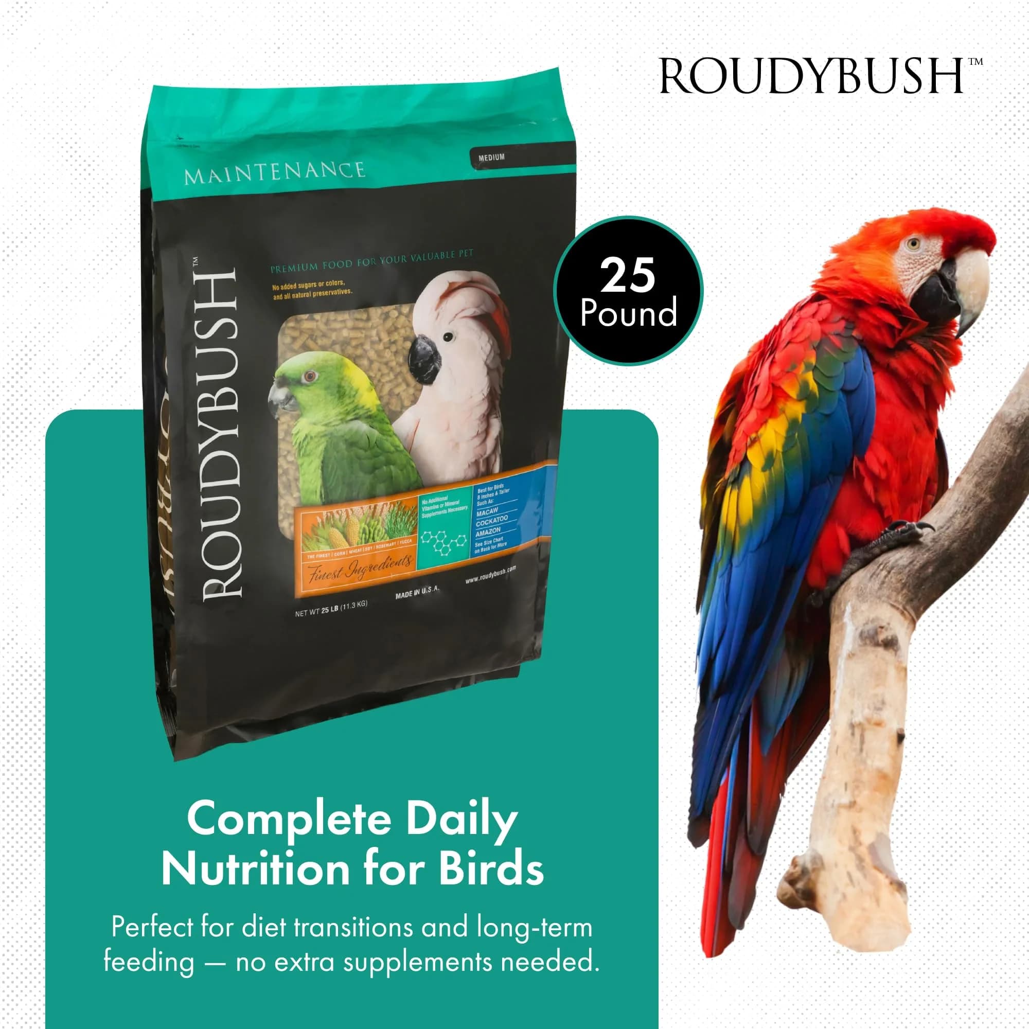 RoudyBush Daily Maintenance Bird Food Medium Pellets 12 kg (25 lb) | Wholesome Nutrition for Parrots, Cockatiels, Conures - view 2