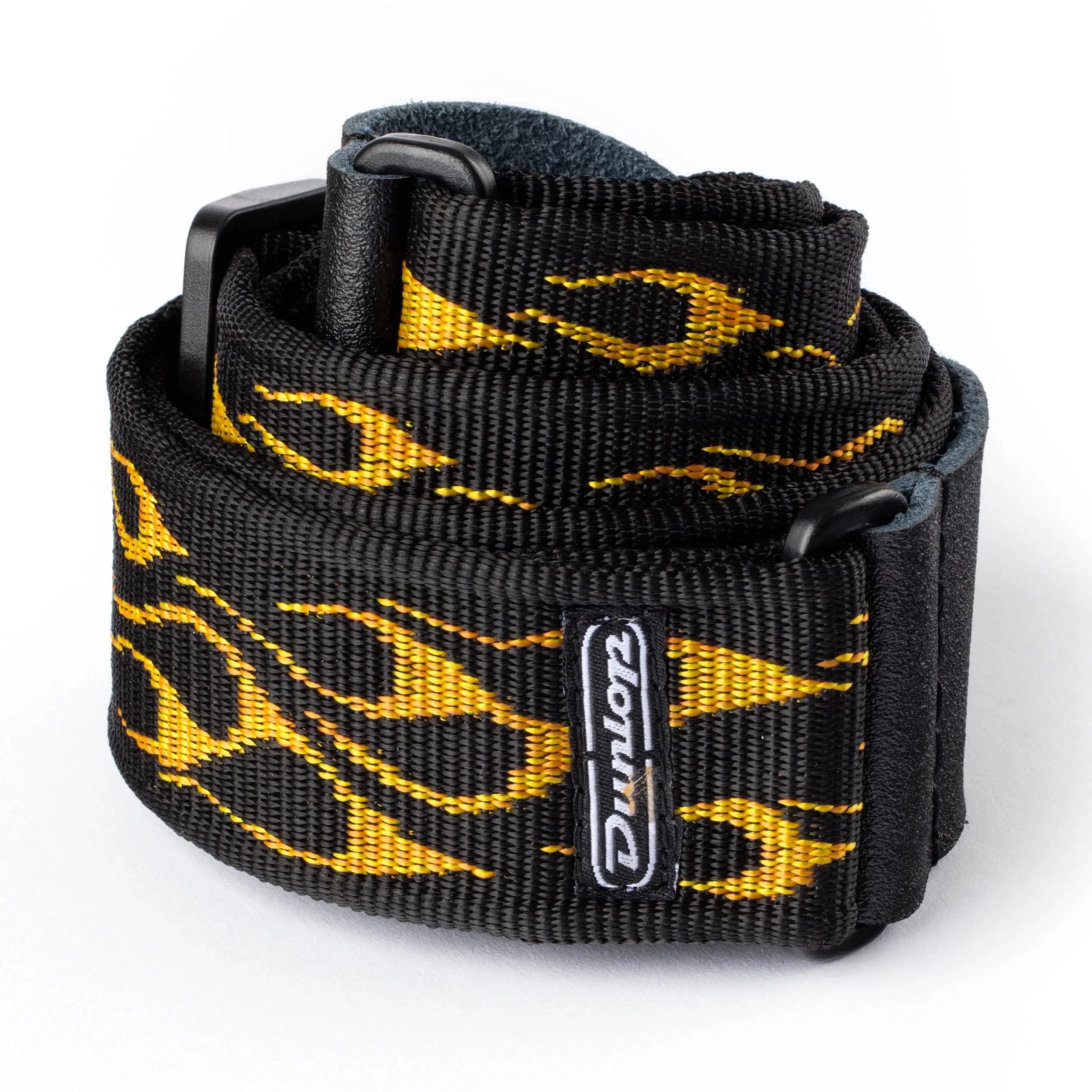 Jim Dunlop Flambe Grey Leather Guitar Strap 39.4 cm (15.5 in) | Adjustable Fit for Musicians — Flambe Yellow