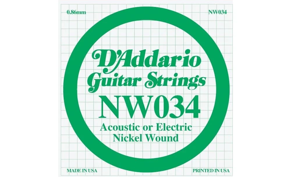 D'Addario NW034 Nickel Wound Electric Guitar Single String .034 Gauge (0.86 mm) | Bright Tone & Excellent Intonation - main product image