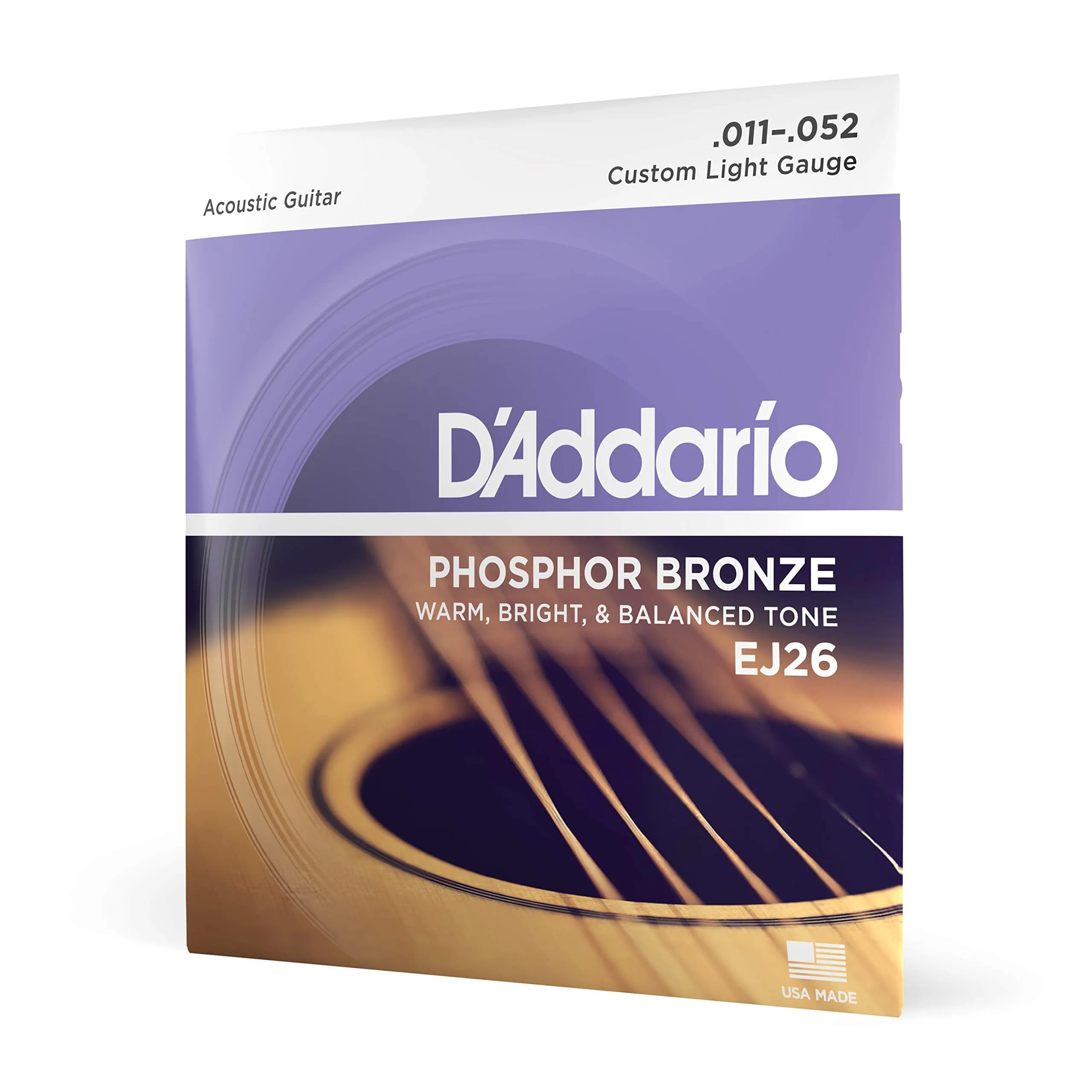 D'Addario Phosphor Bronze Acoustic Guitar Strings, Custom Light, 11-52 (EJ26) | Warm Tone, 1-Pack