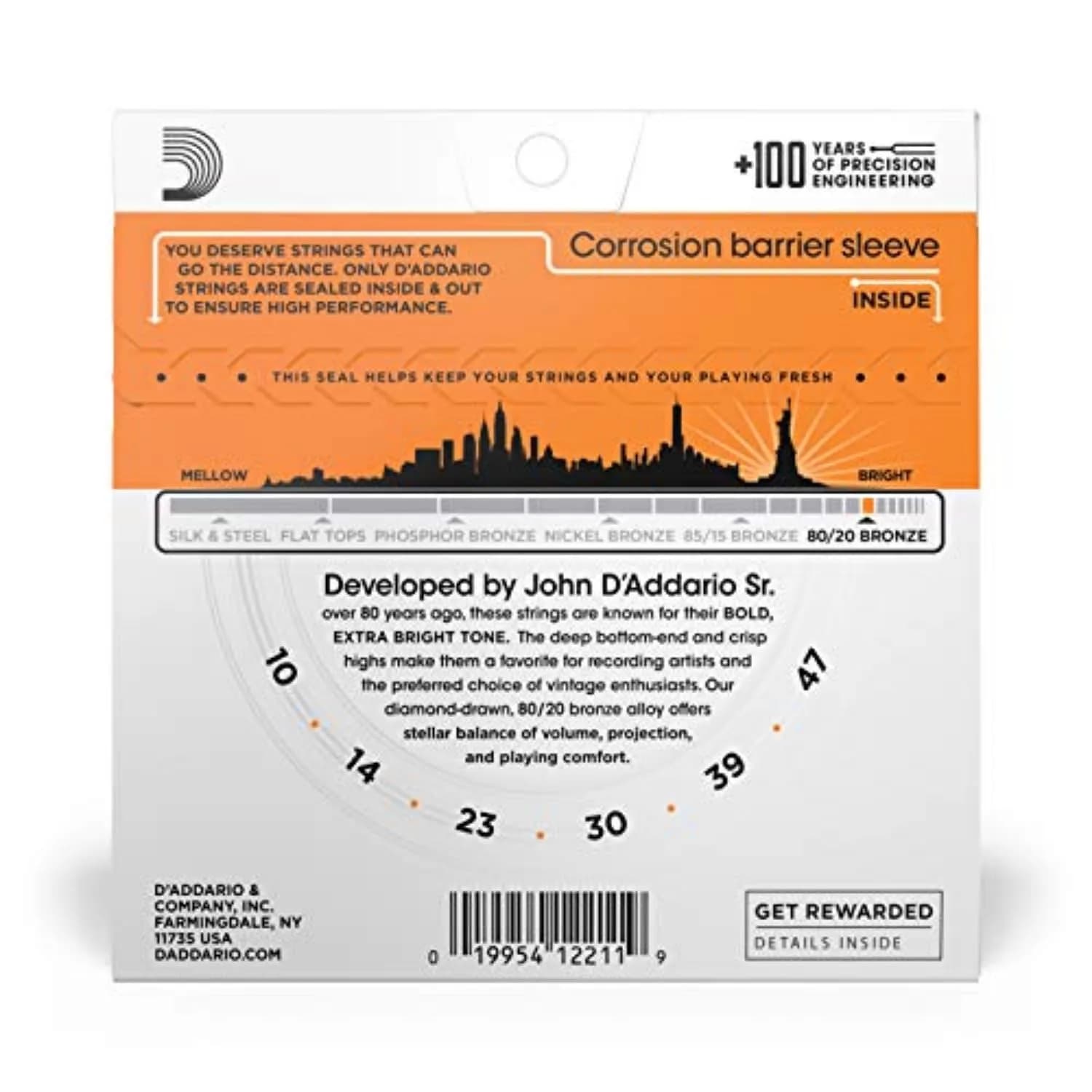 D'Addario EJ10 80/20 Bronze Acoustic Guitar Strings, Extra Light 10-47 | Bright, Treble-Heavy Tone - view 2