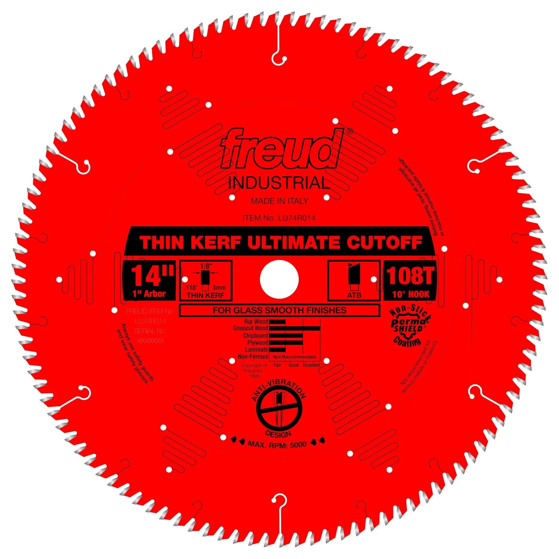 Freud LU74R014 14-Inch 108-Tooth Thin Kerf Cut-Off Saw Blade with 1-Inch Arbor | Precision Cut-Off Blade — Multi