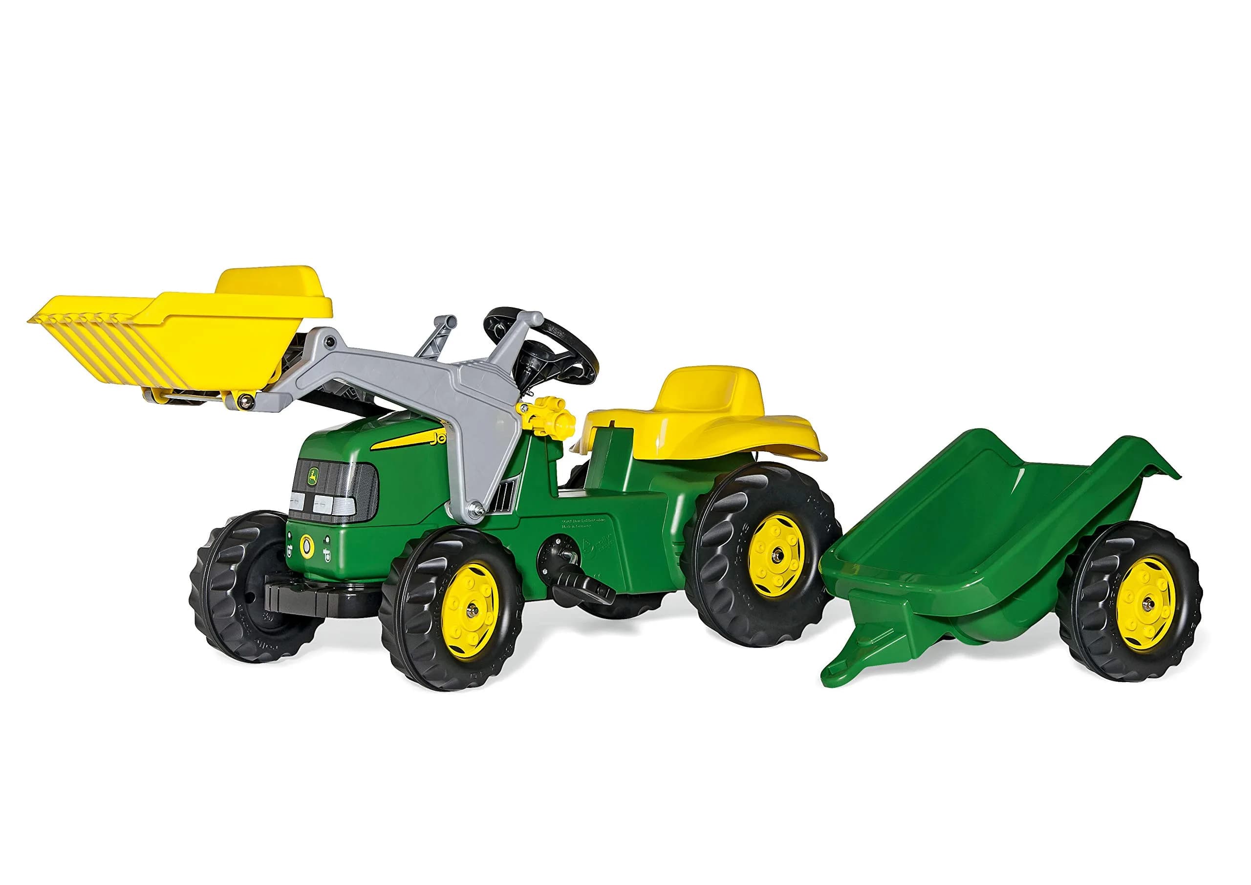 ROLLY TOYS John Deere Pedal Tractor with Working Front Loader and Detachable Trailer | Youth Ages 3+ — Green, Yellow