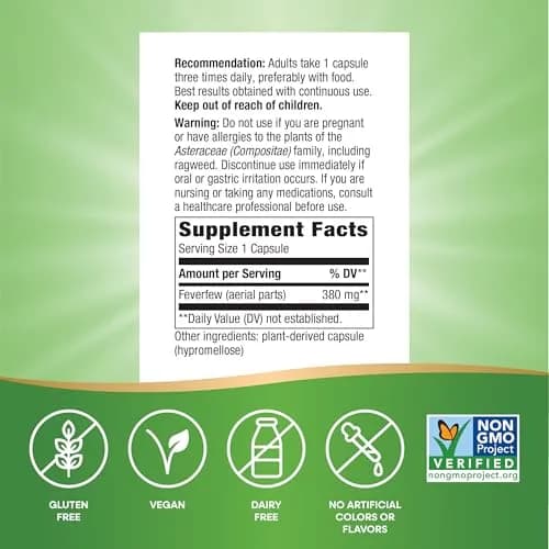 Nature's Way Feverfew Herb Capsules 380 mg 100 Ct | Traditional Support for Blood Vessel Relaxation thumbnail 5
