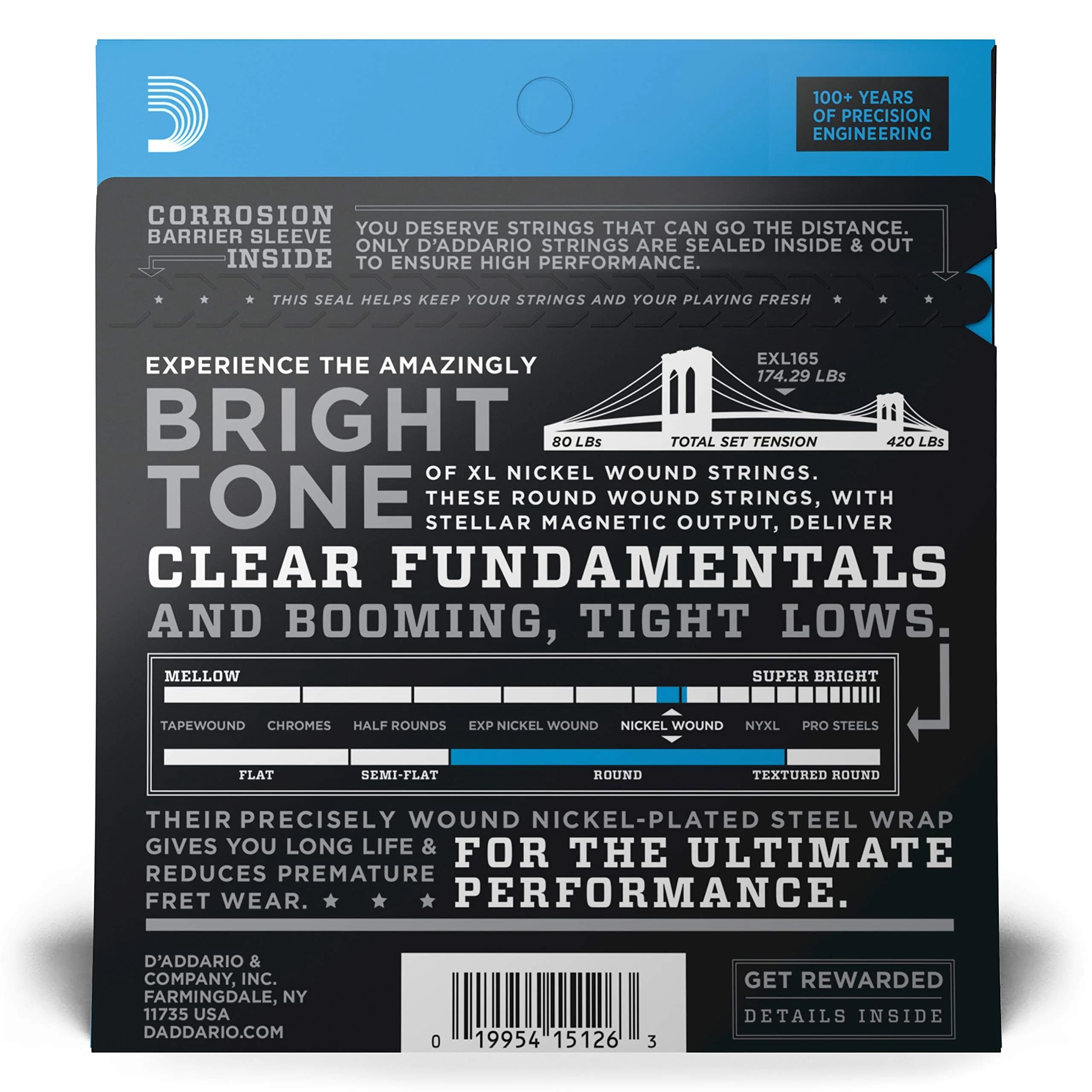 D'Addario XL Nickel Bass Guitar Strings 45-105, 4-String Set | Bright Tone, Consistent Feel - view 2