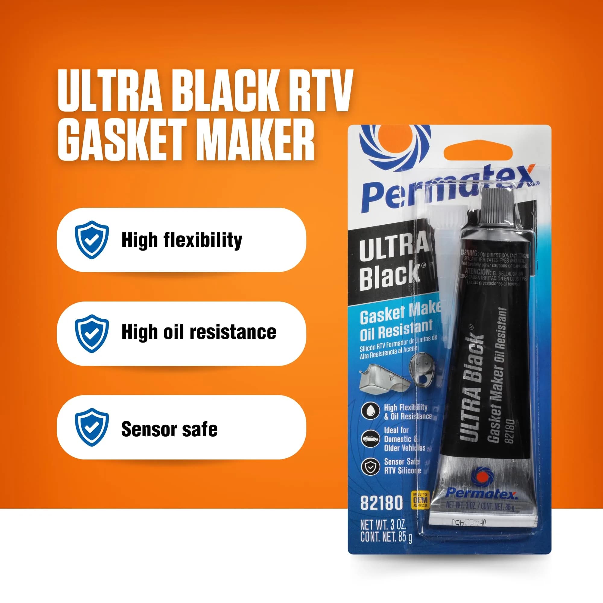 Permatex 82180 Ultra Black Maximum Oil Resistance RTV Silicone Gasket Maker, Sensor Safe and Non-Corrosive, for High Flex and Oil Resistant Applications 3 oz thumbnail 2