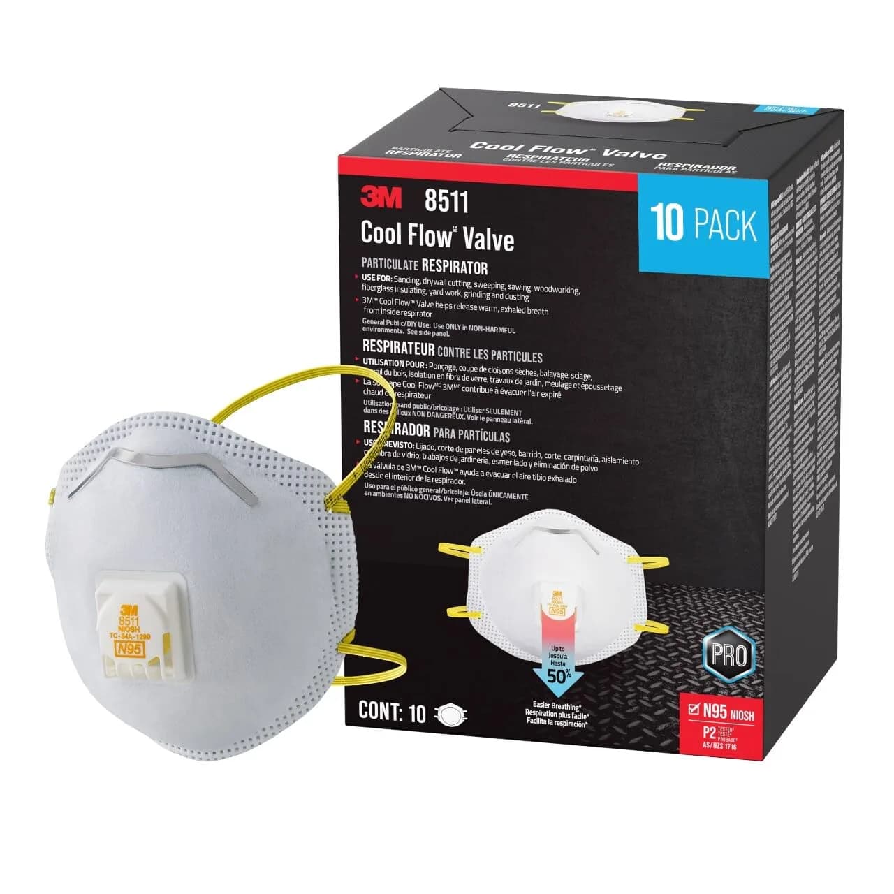 3M 8511 N95 Cool Flow Valved Respirator 10-Pack | NIOSH Approved for 95% Filtration - main product image