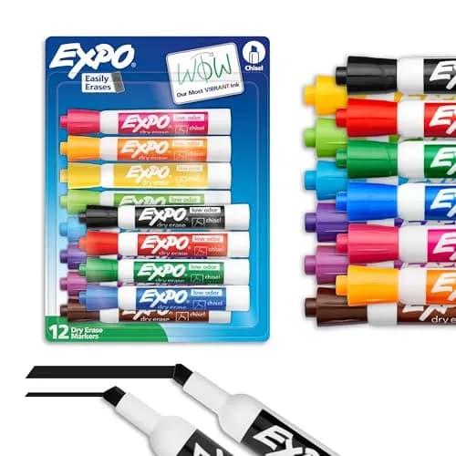 EXPO Dry Erase Markers, Low Odor, Chisel Tip, 12 Count | Vibrant Ink for Whiteboards & Non-Porous Surfaces thumbnail 1